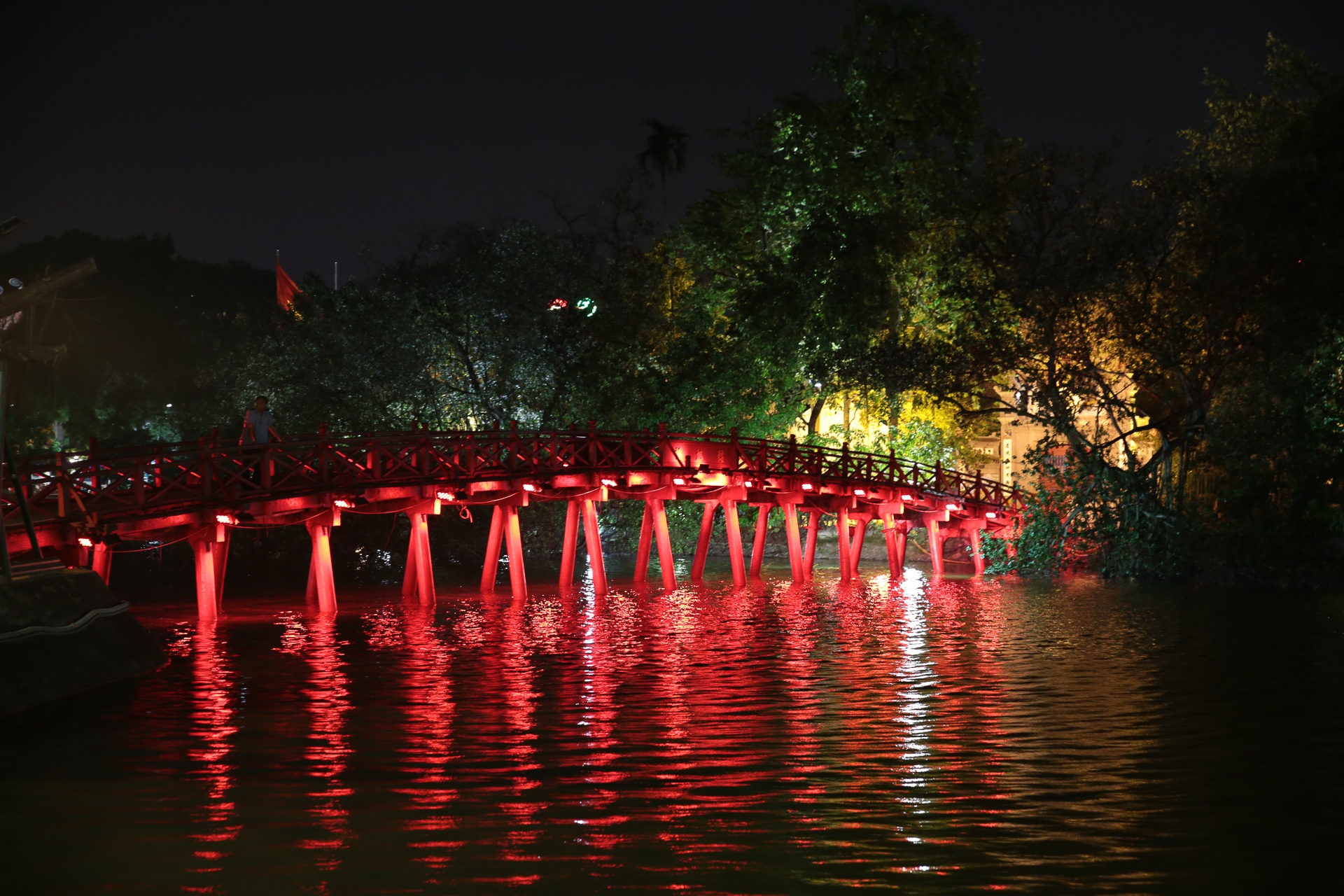 hanoi, viet nam, bridge, night, tree, water, plant, waterfront