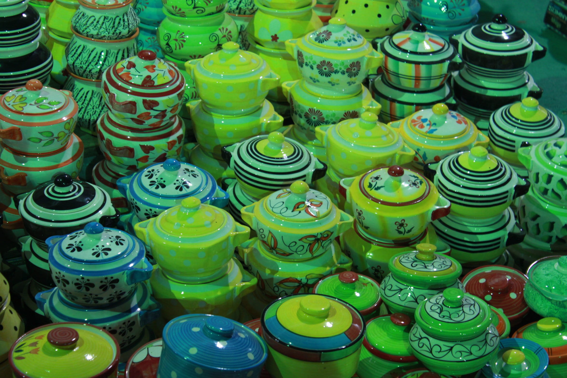 ceramic, colorful, array, earthenware, design, shop, sale, display
