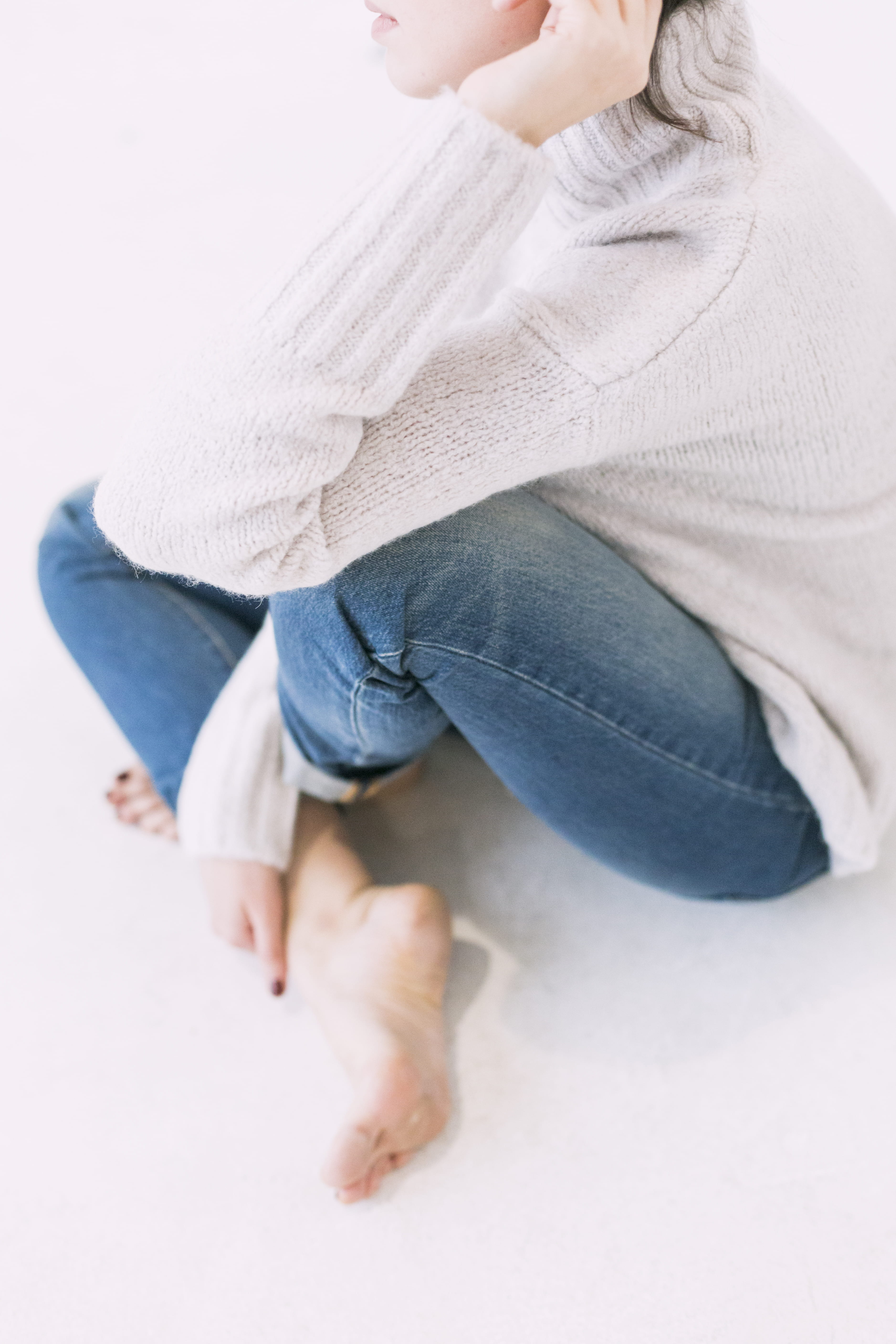Woman in Gray Sweater and Blue Denim Jeans, adult, cute, feet