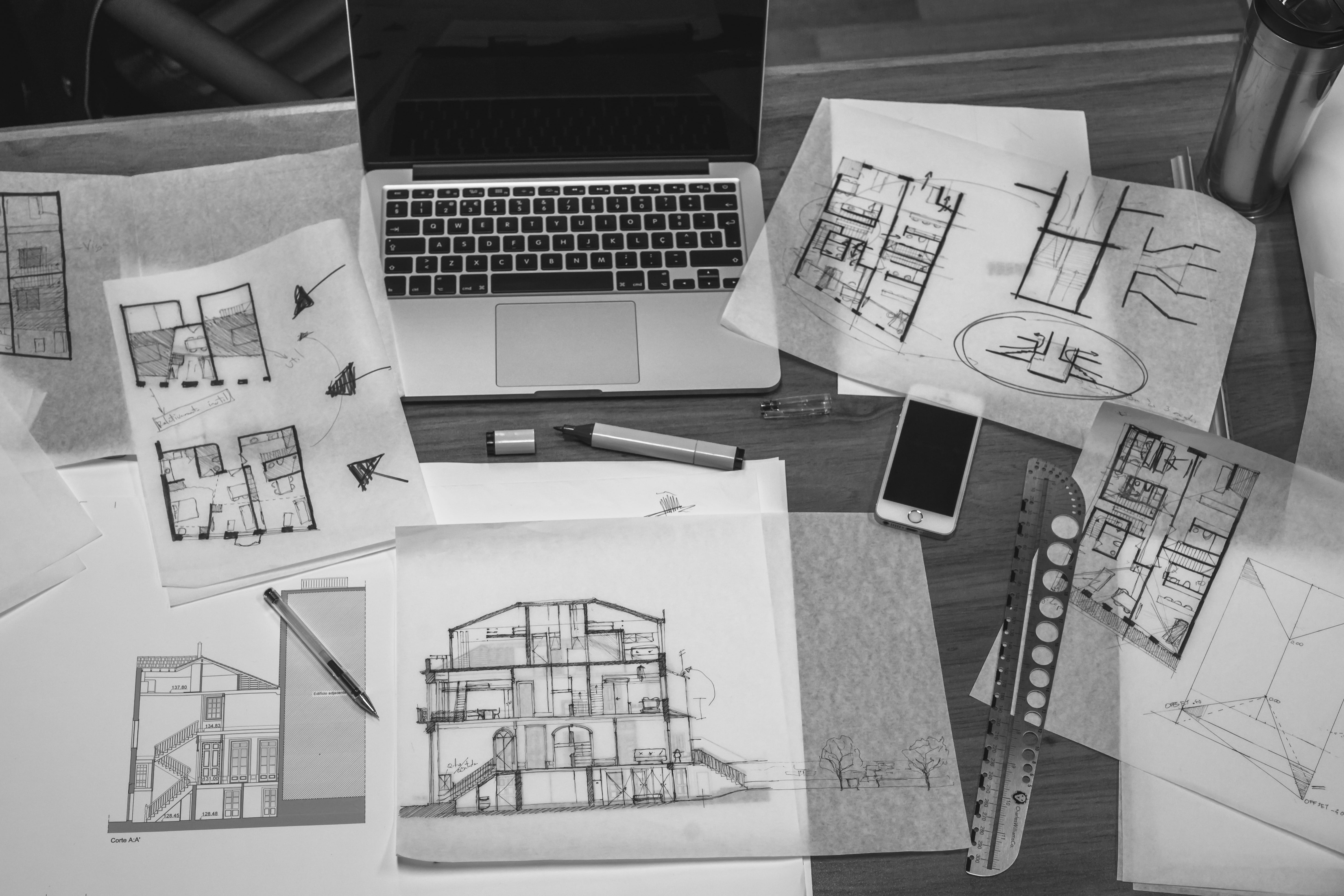 architectural design, architecture, black and-white, blueprint