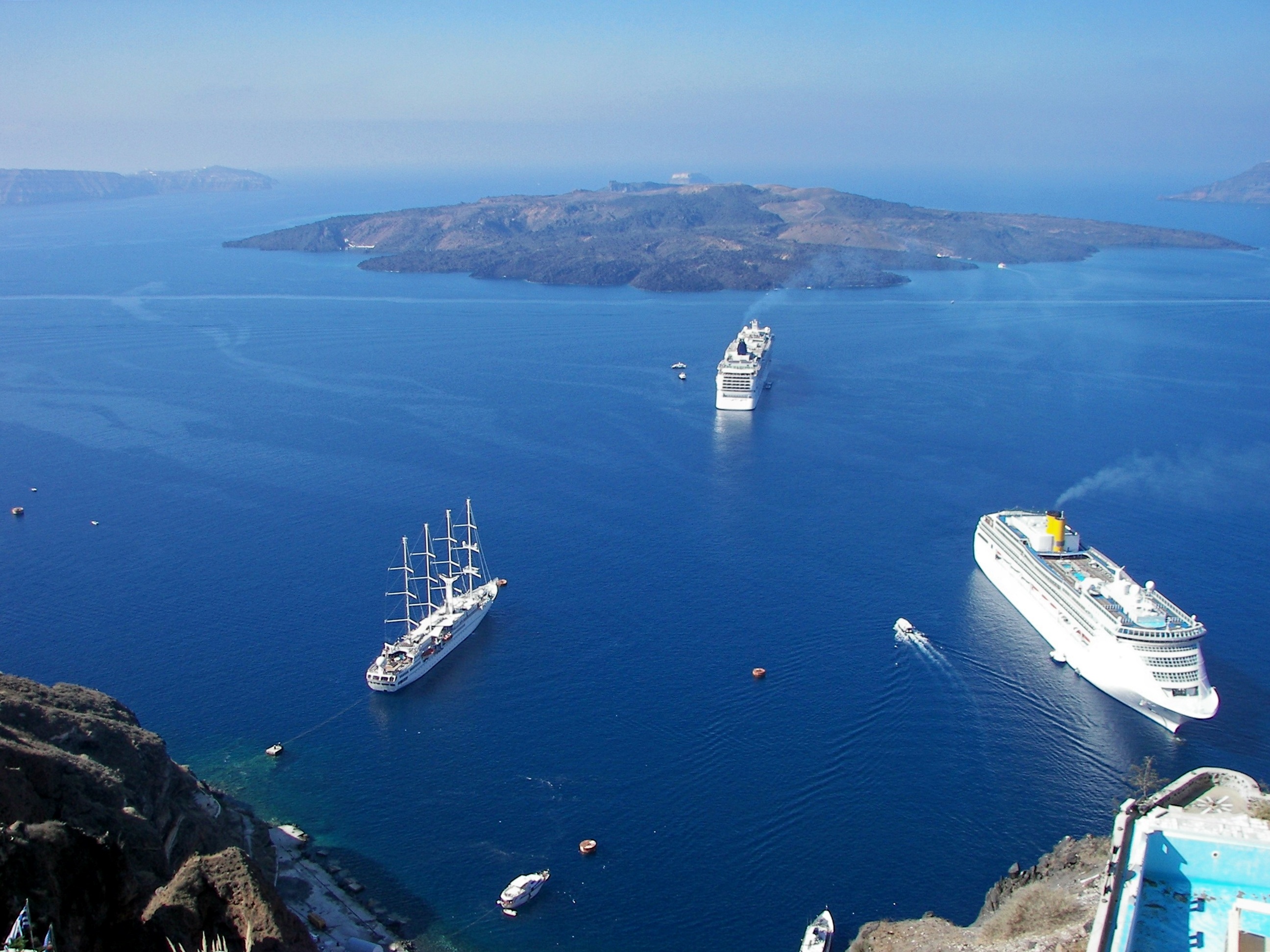 cruise ships, greece, cyclades, santorini, aegean sea, view