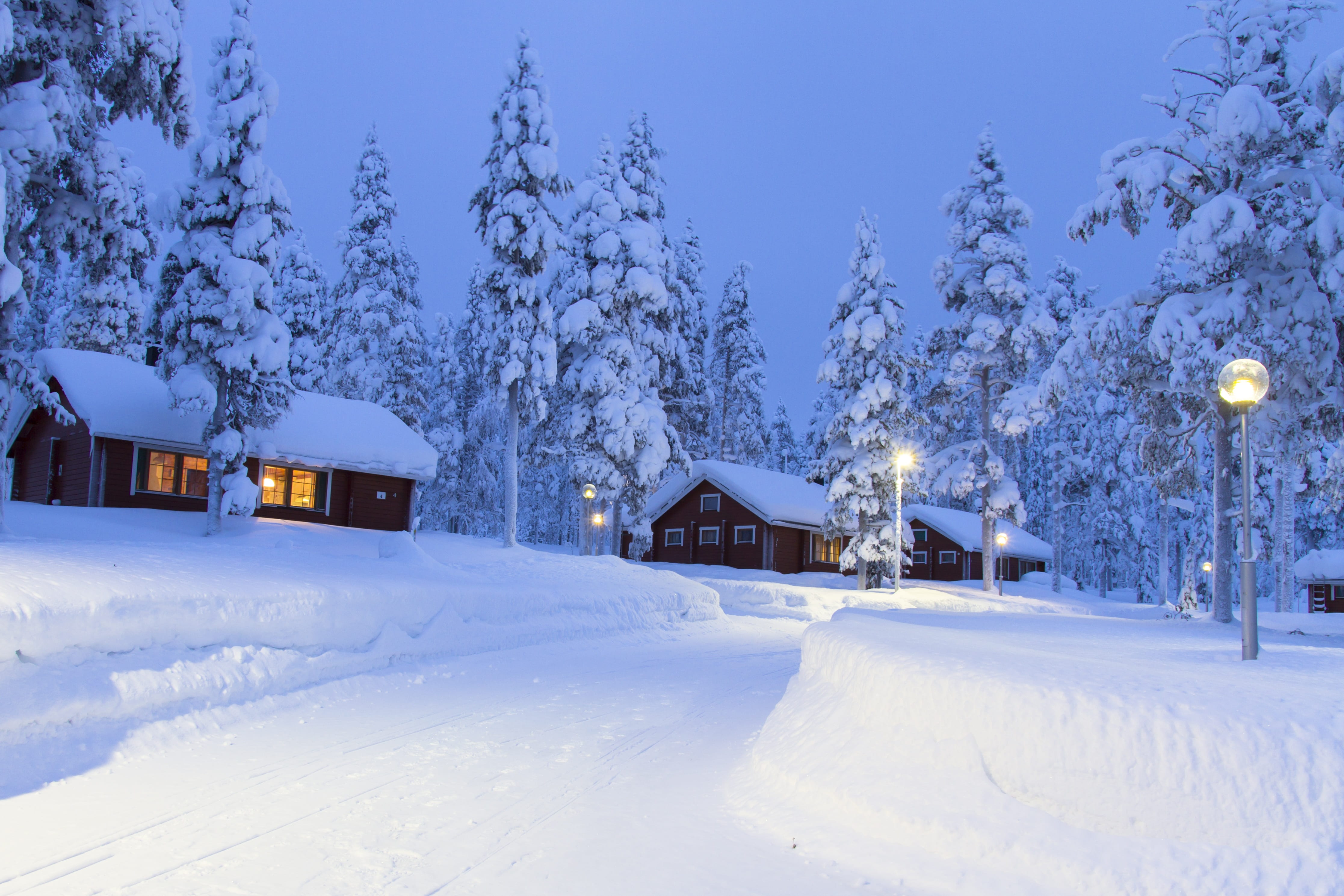 three brown houses on snow field, lapland, winter, wintry, finland