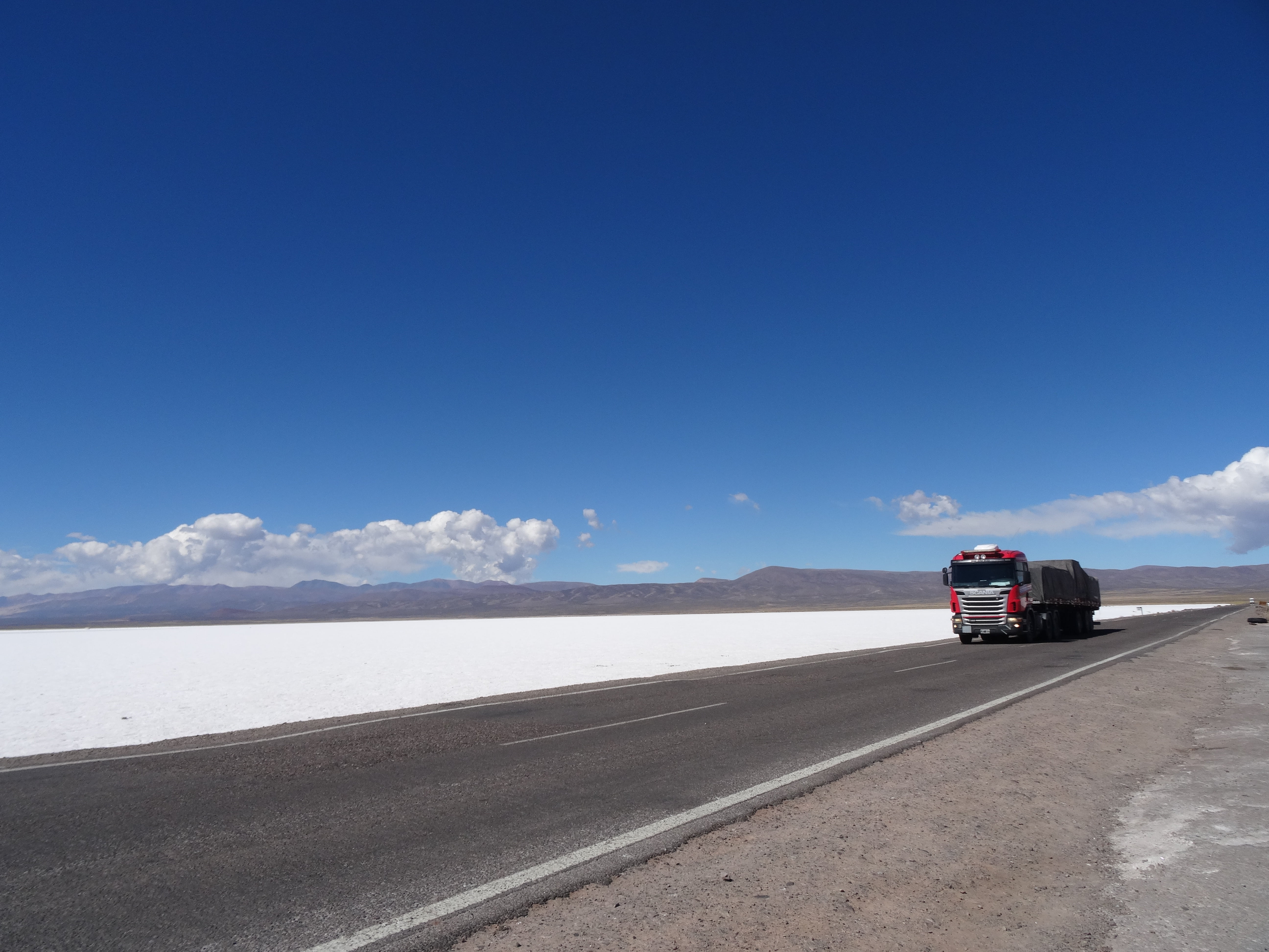 red truck, salt mines, desert, landscape, argentina, jujuy, sky