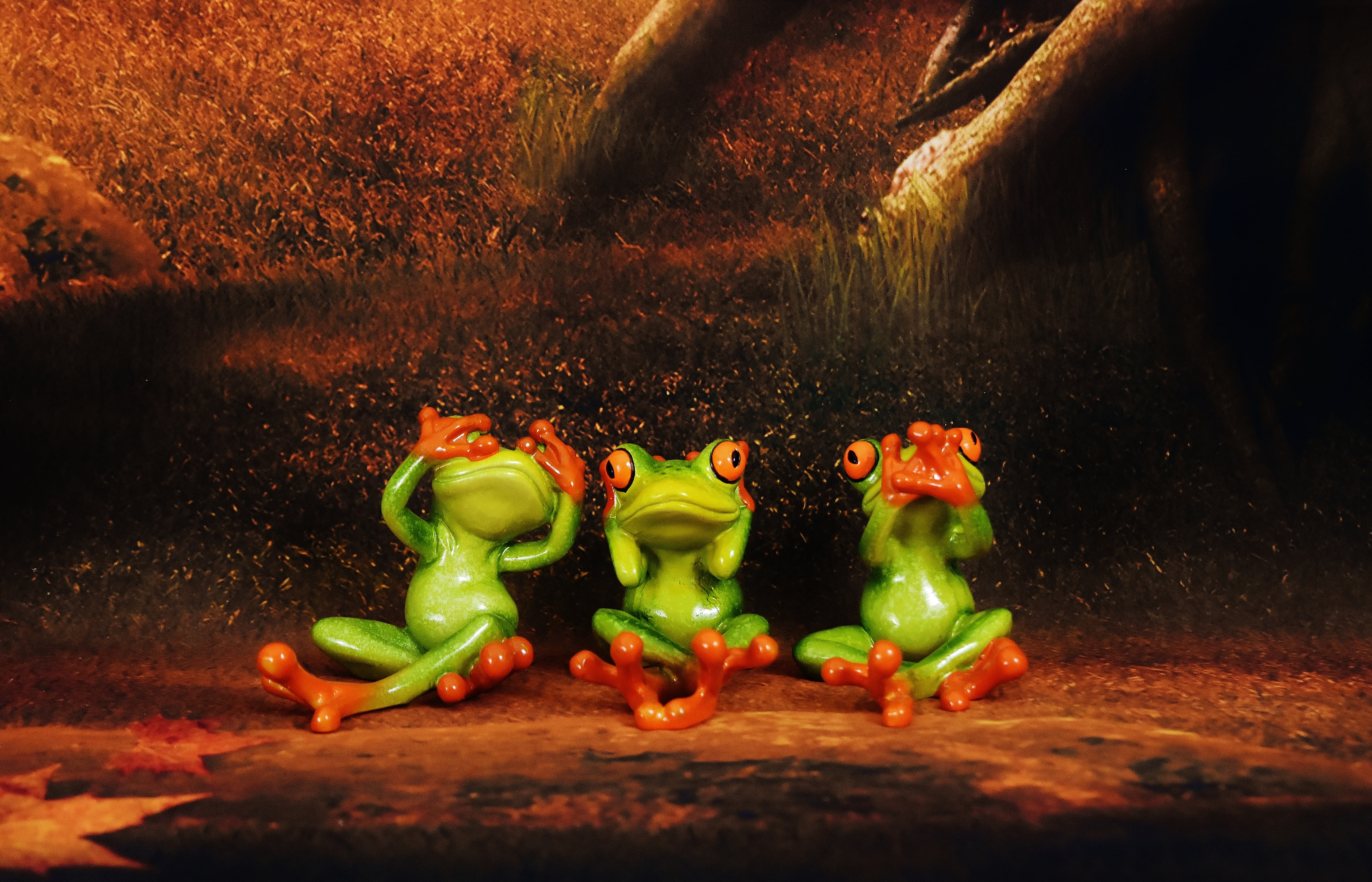 not see, not hear, do not speak, frogs, figures, funny, sit
