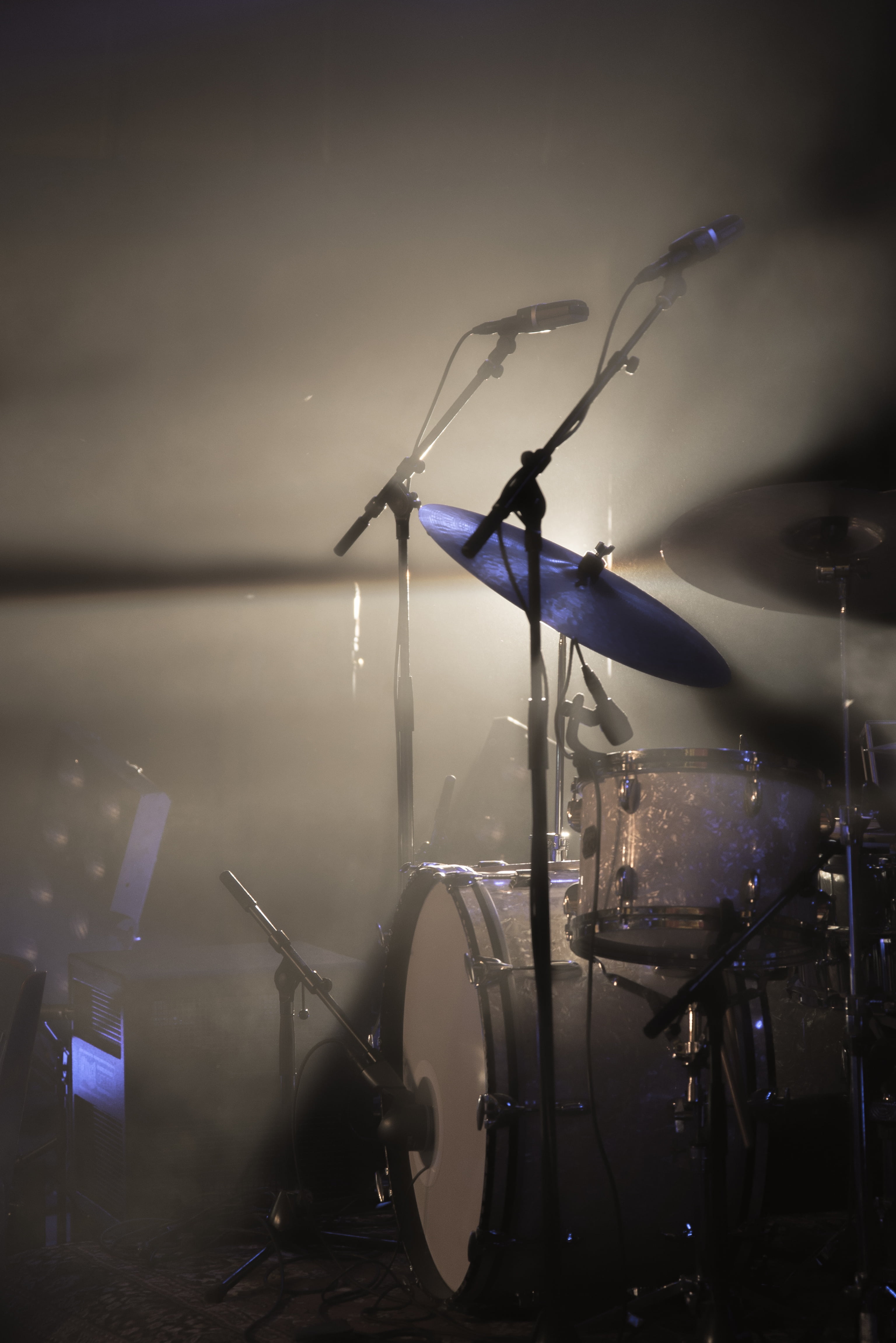 photo of cymbal and microphone, drum kit, light, spotlight, rock
