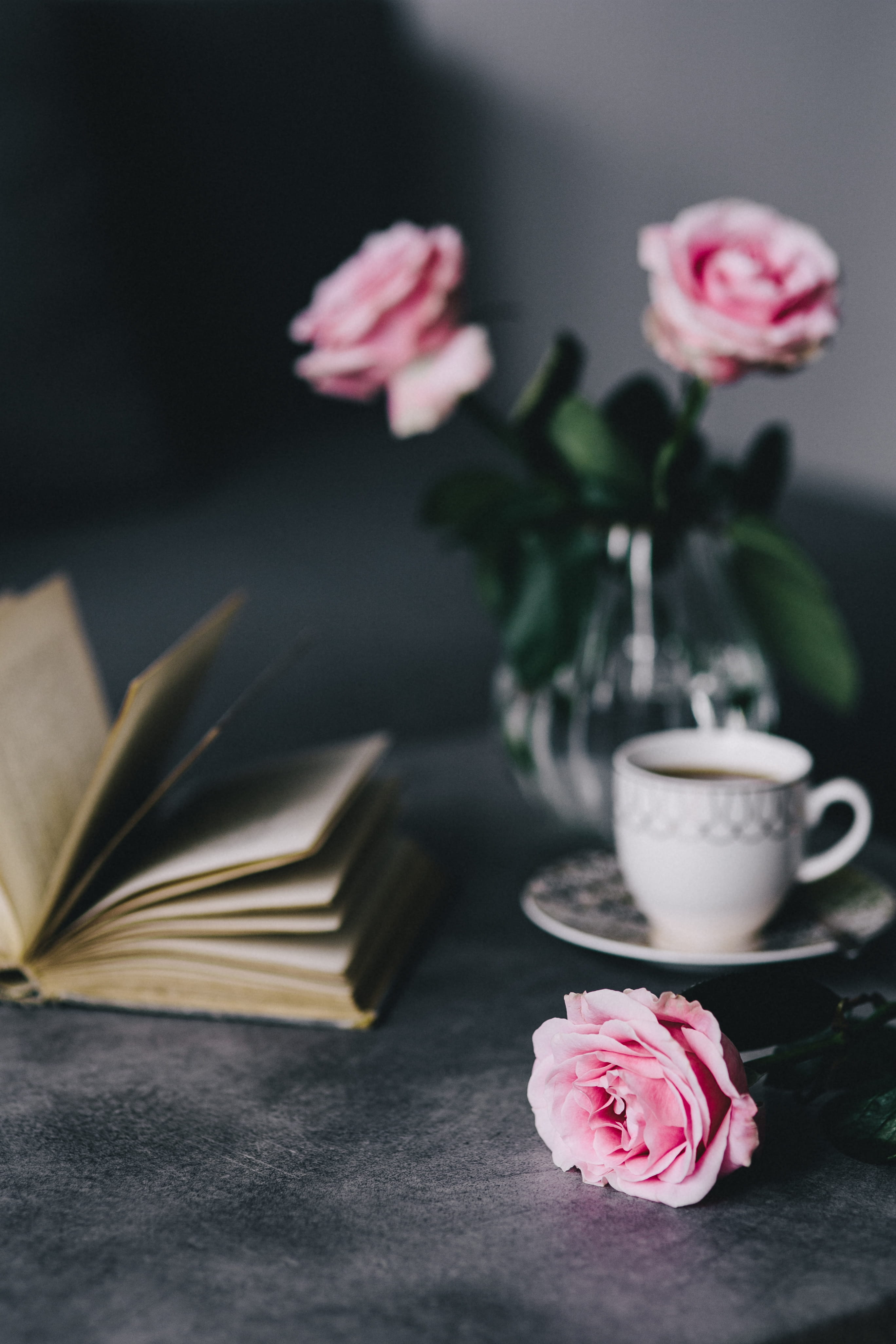 Lovely roseses, book and coffee, interior, resting, relax, essentials