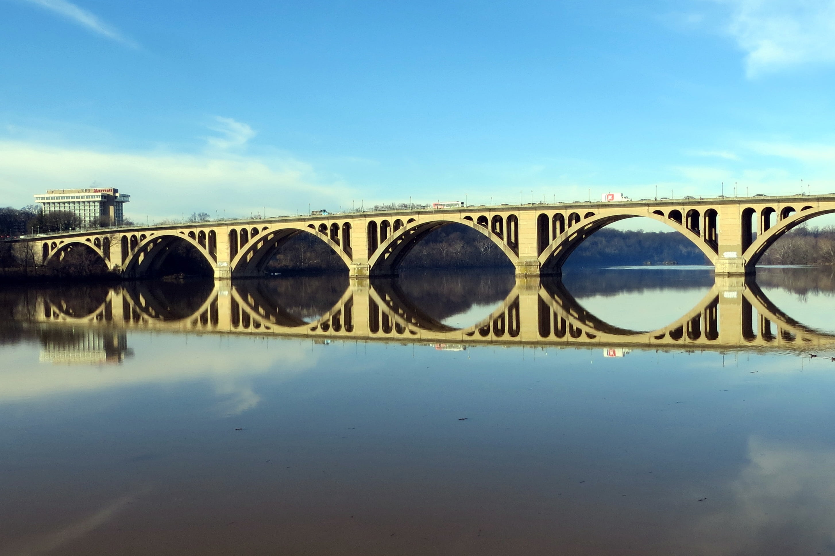 key bridge, potomac, reflection, river, dc, arlington, rosslyn