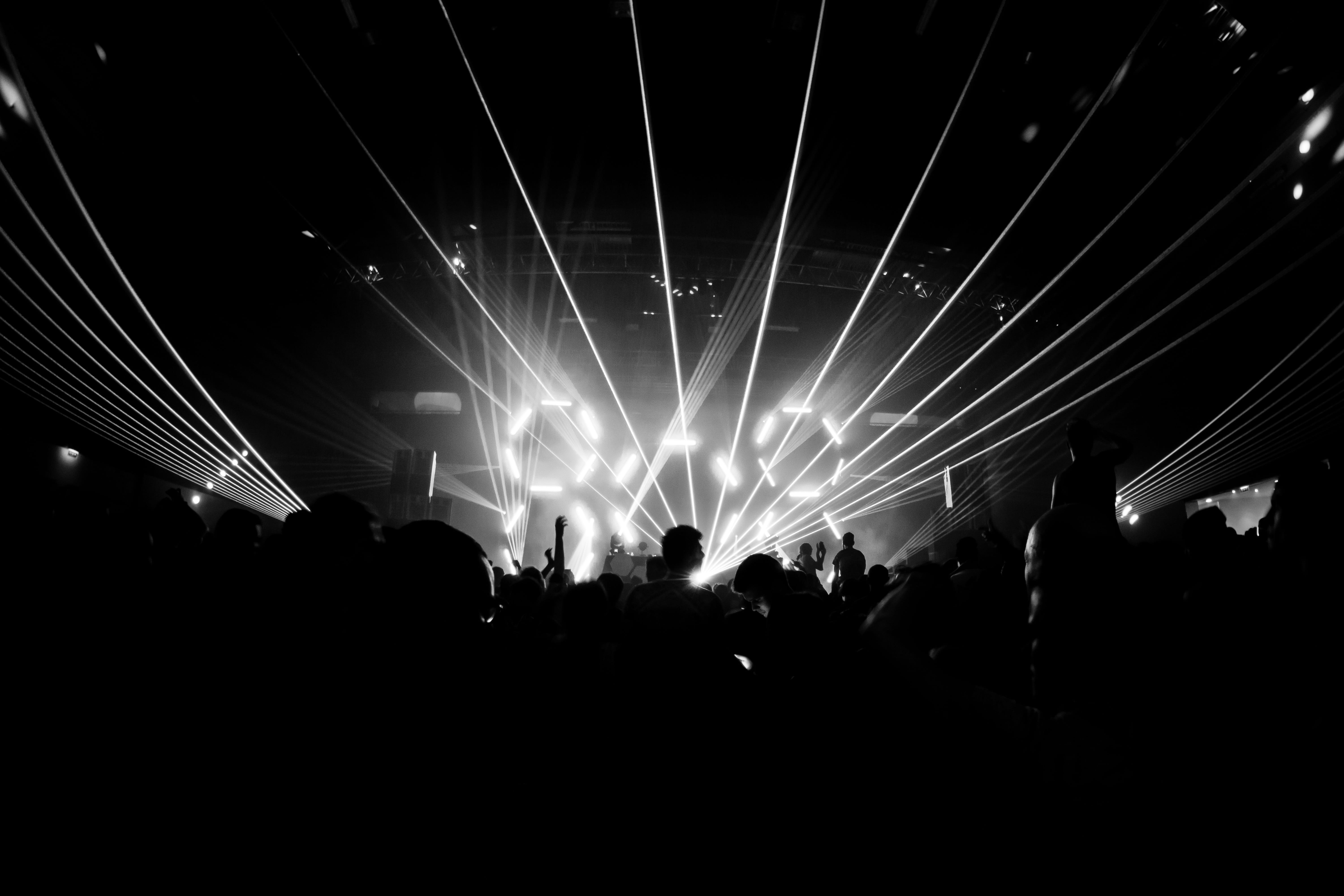 grayscale photography of concert with lights, night, festival