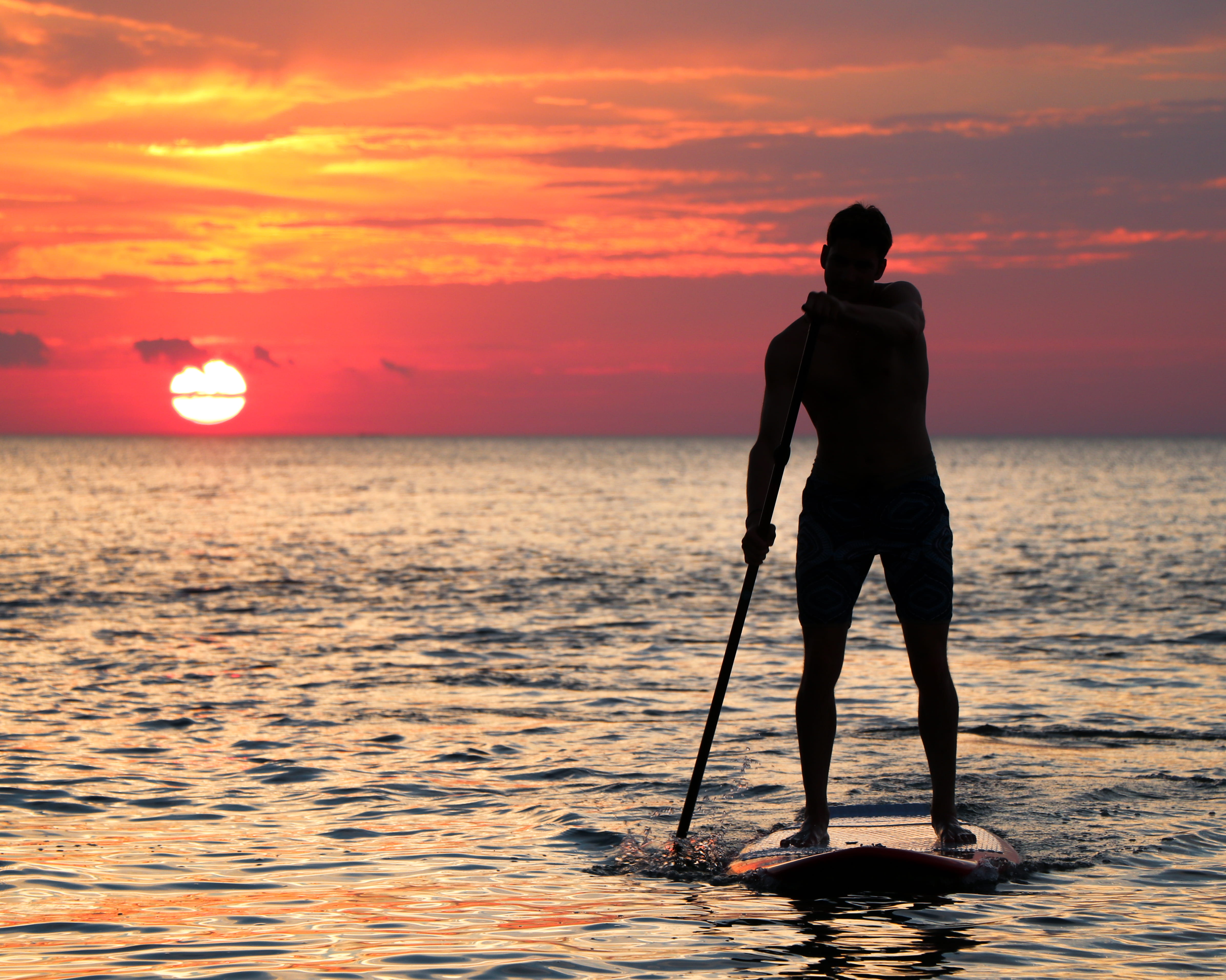 man riding paddleboard silhouette during golden hour, Silhouette photography of man holding pole during sunset