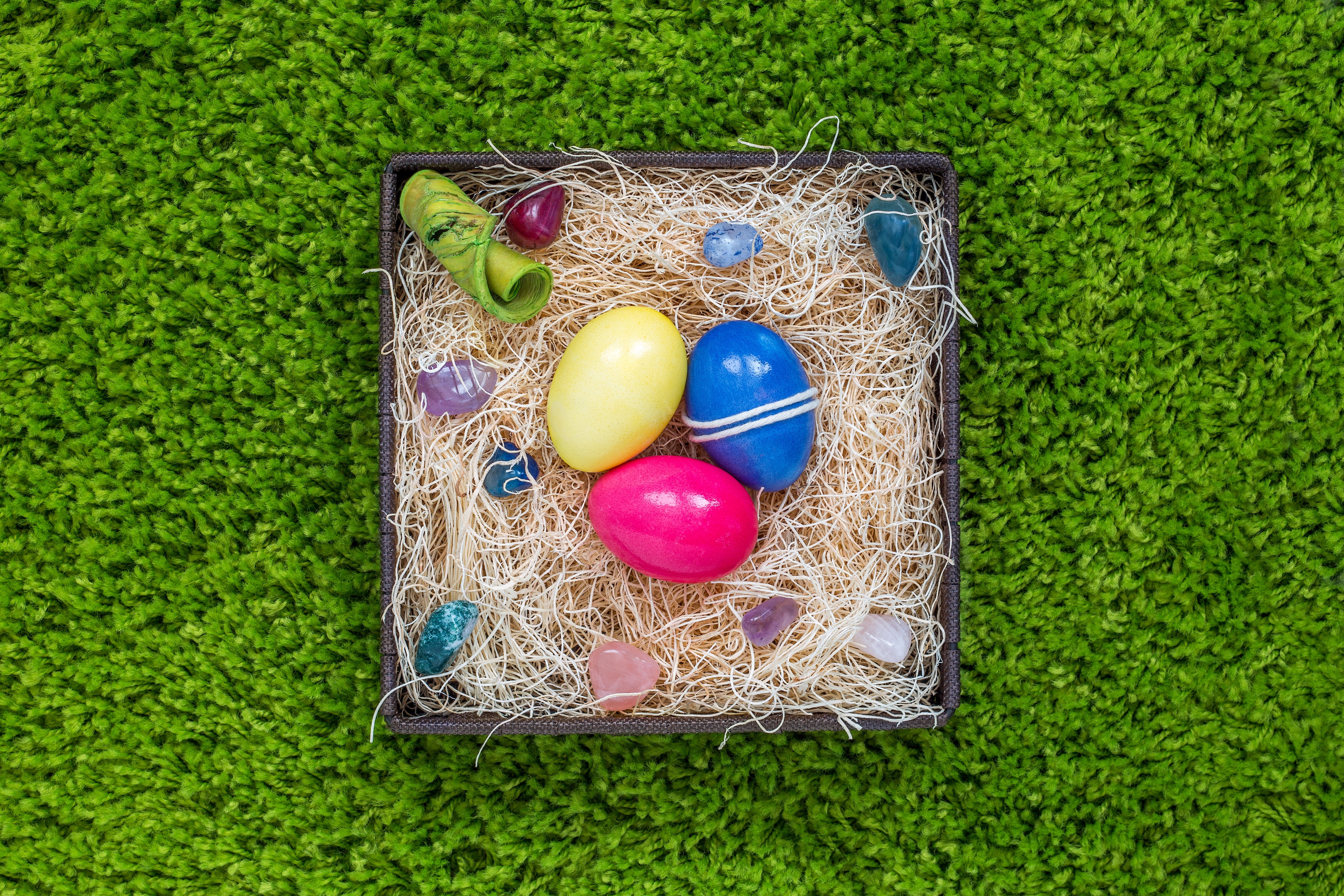 three colored eggs in box, easter, easter eggs, holiday, spring