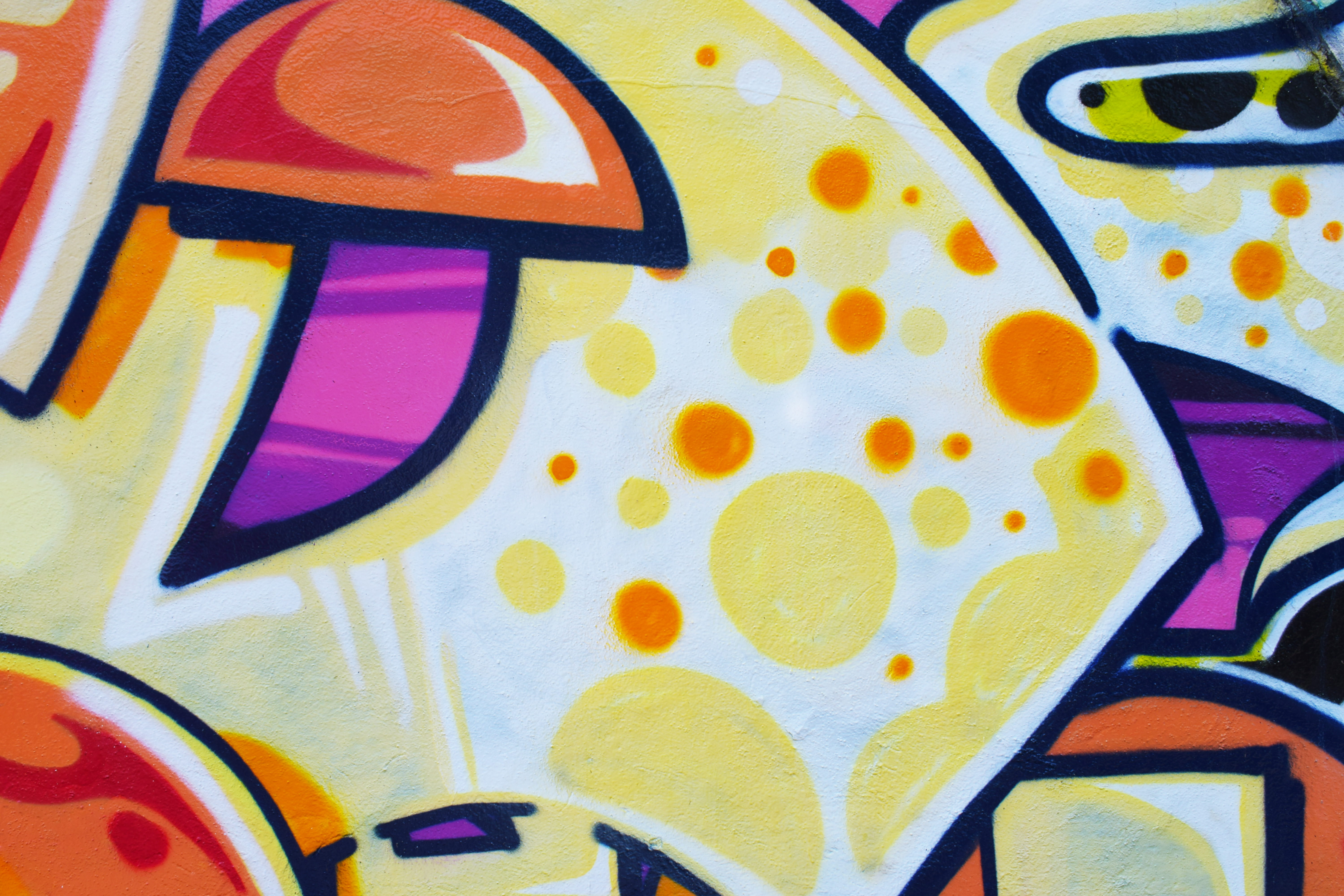 yellow, purple, and orange wall graffiti, untitled, street art