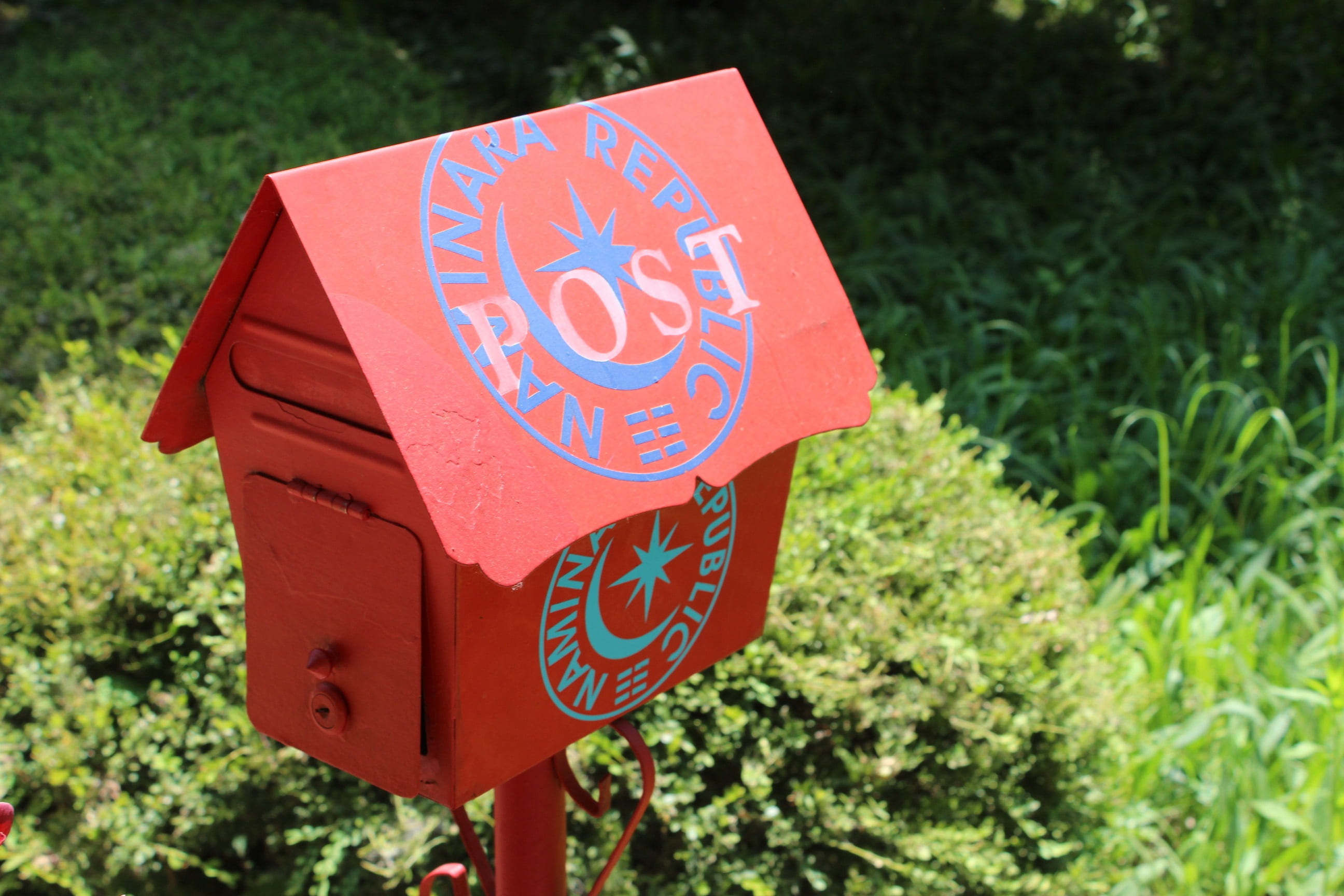 closed red metal mail post, mail box, red mailbox, communication