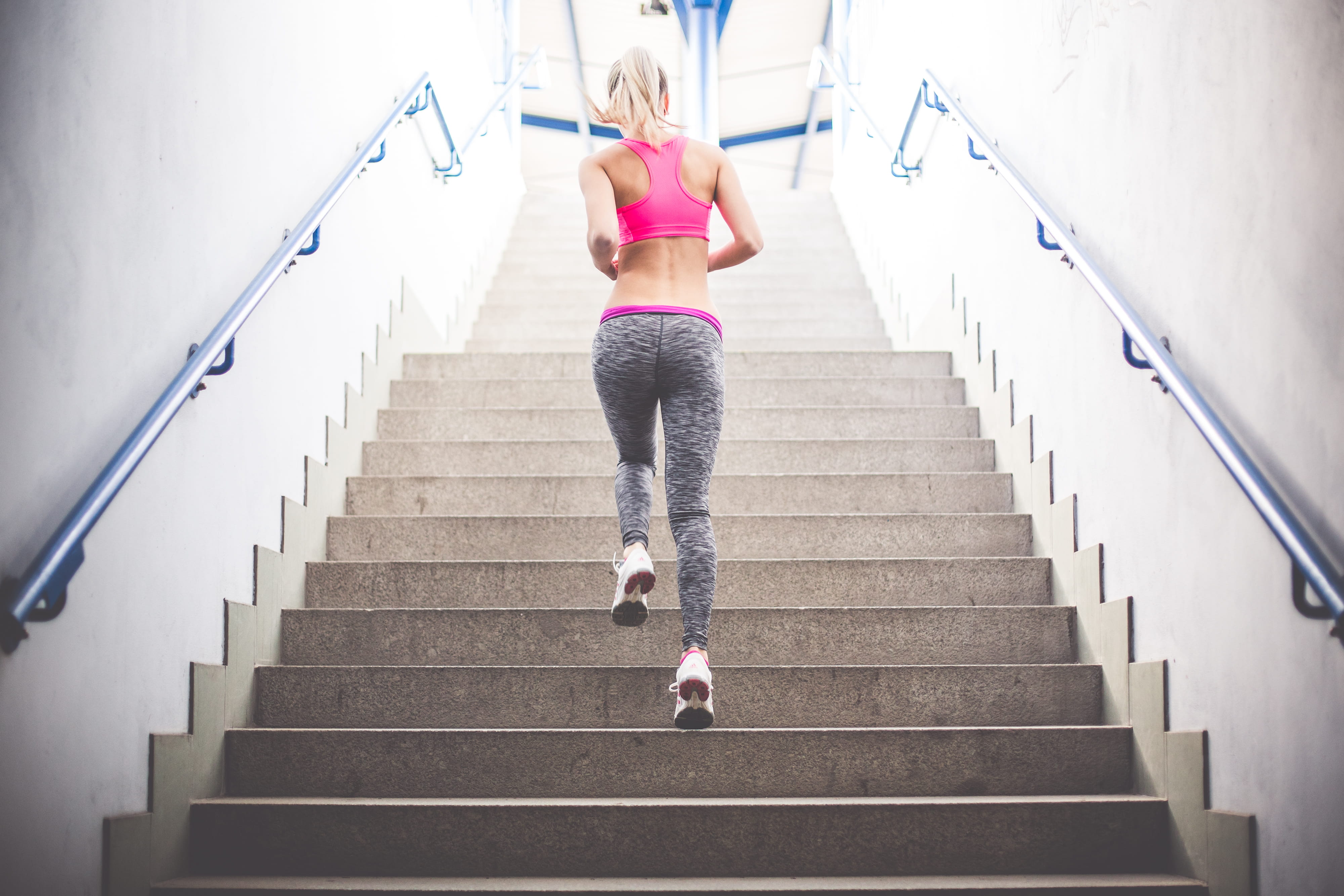 Young Fitness Girl Running Up The Stairs, active, body, cardio