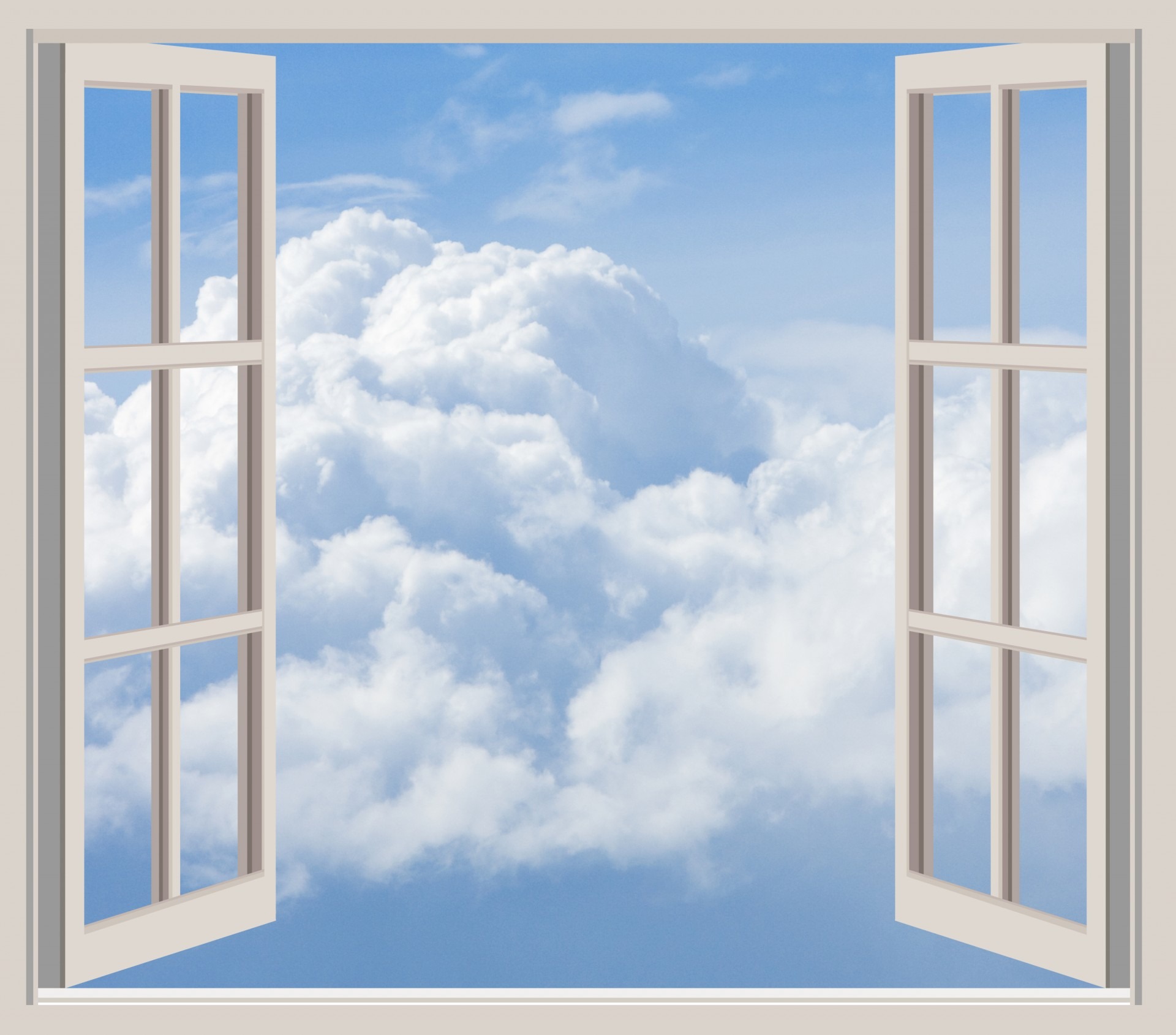 white clouds, window, frame, open, seen through window, scene through window