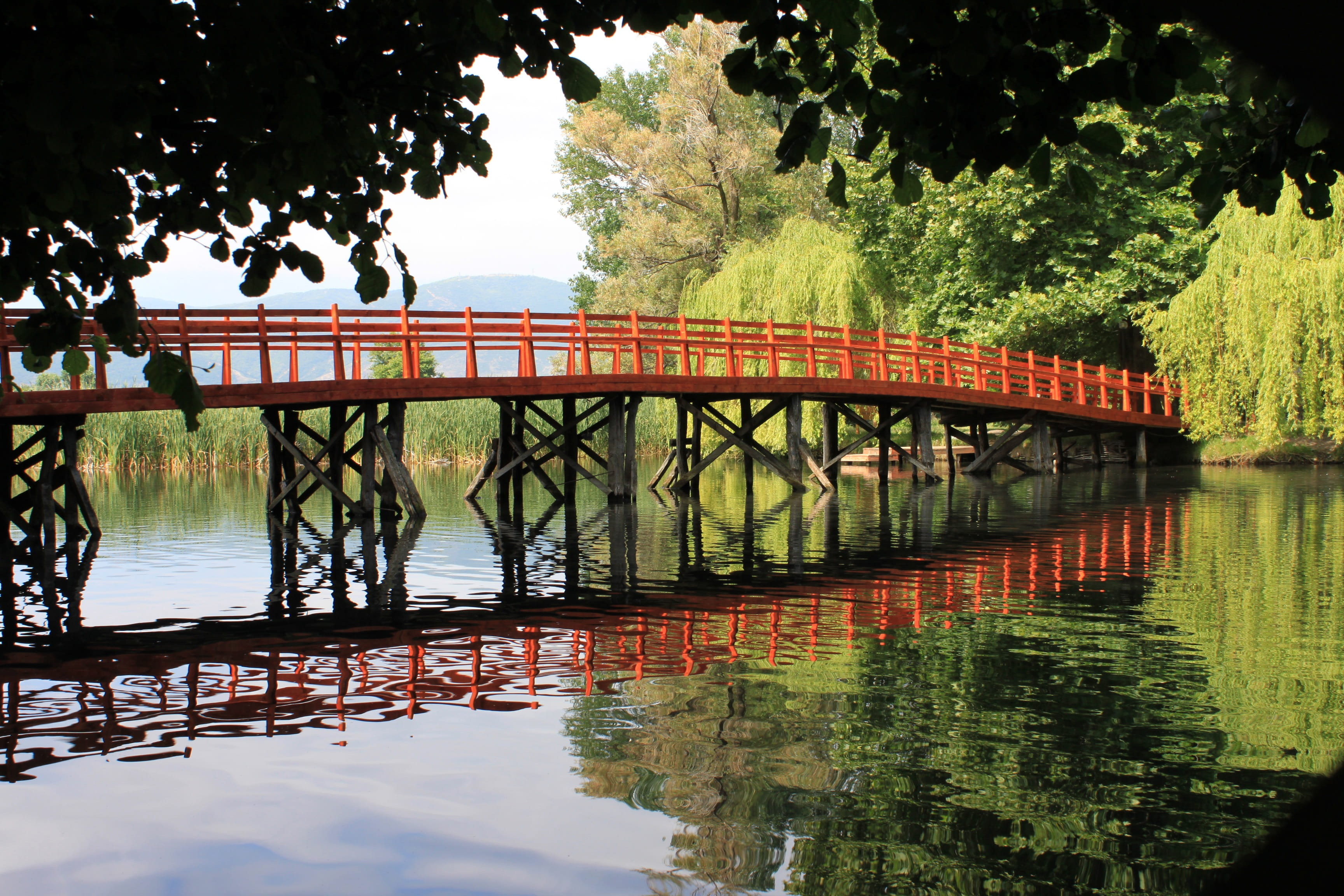water, bridge, outdoors, reflection, wood, lake, park, albania