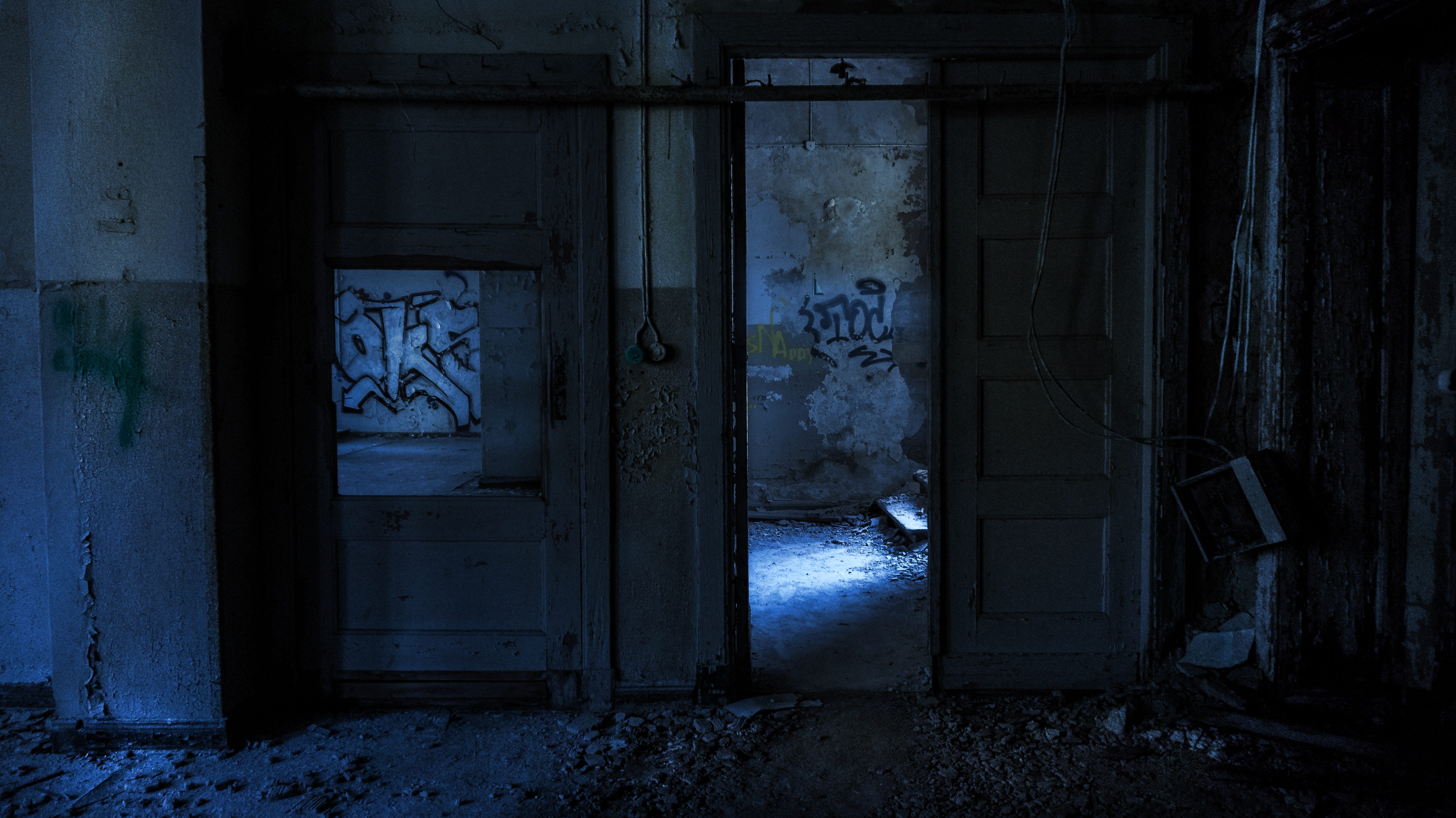 opened door beside gray wall, input, darkness, wood, night, abandoned