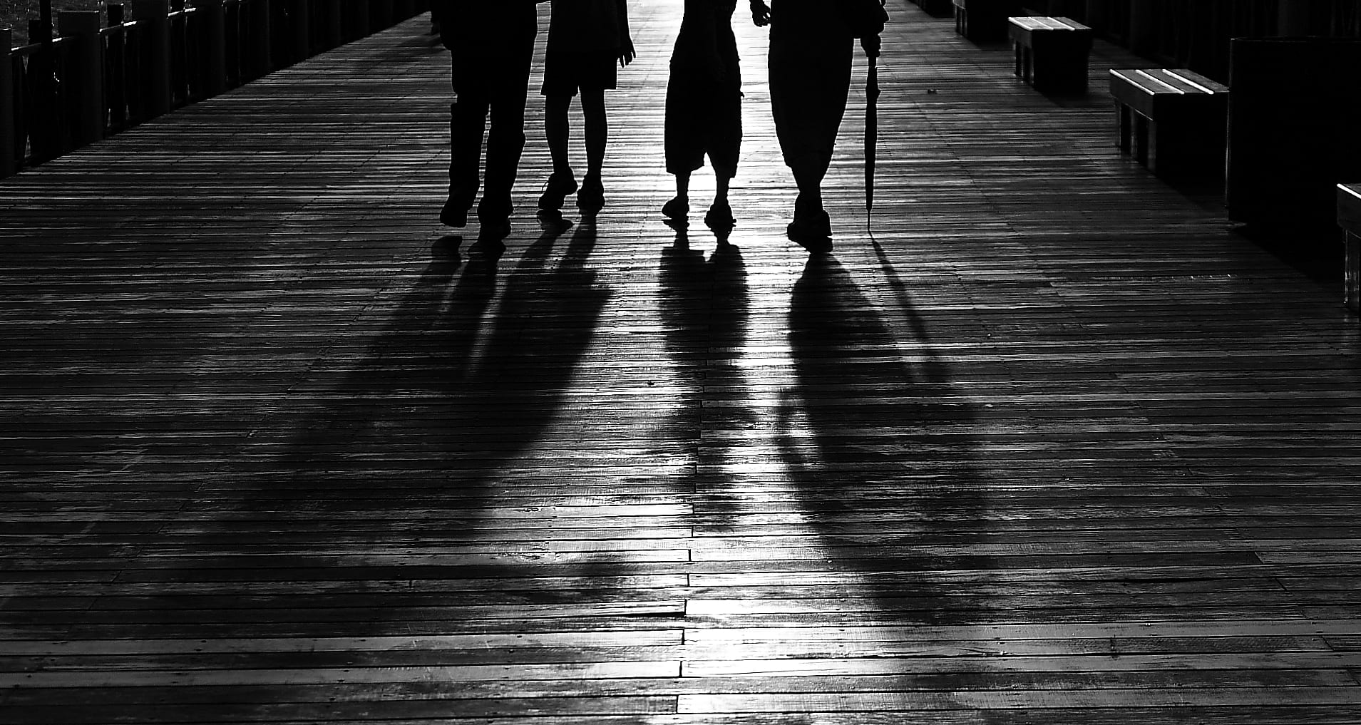 Silhouette of 4 Person Walking, black-and-white, friends, group