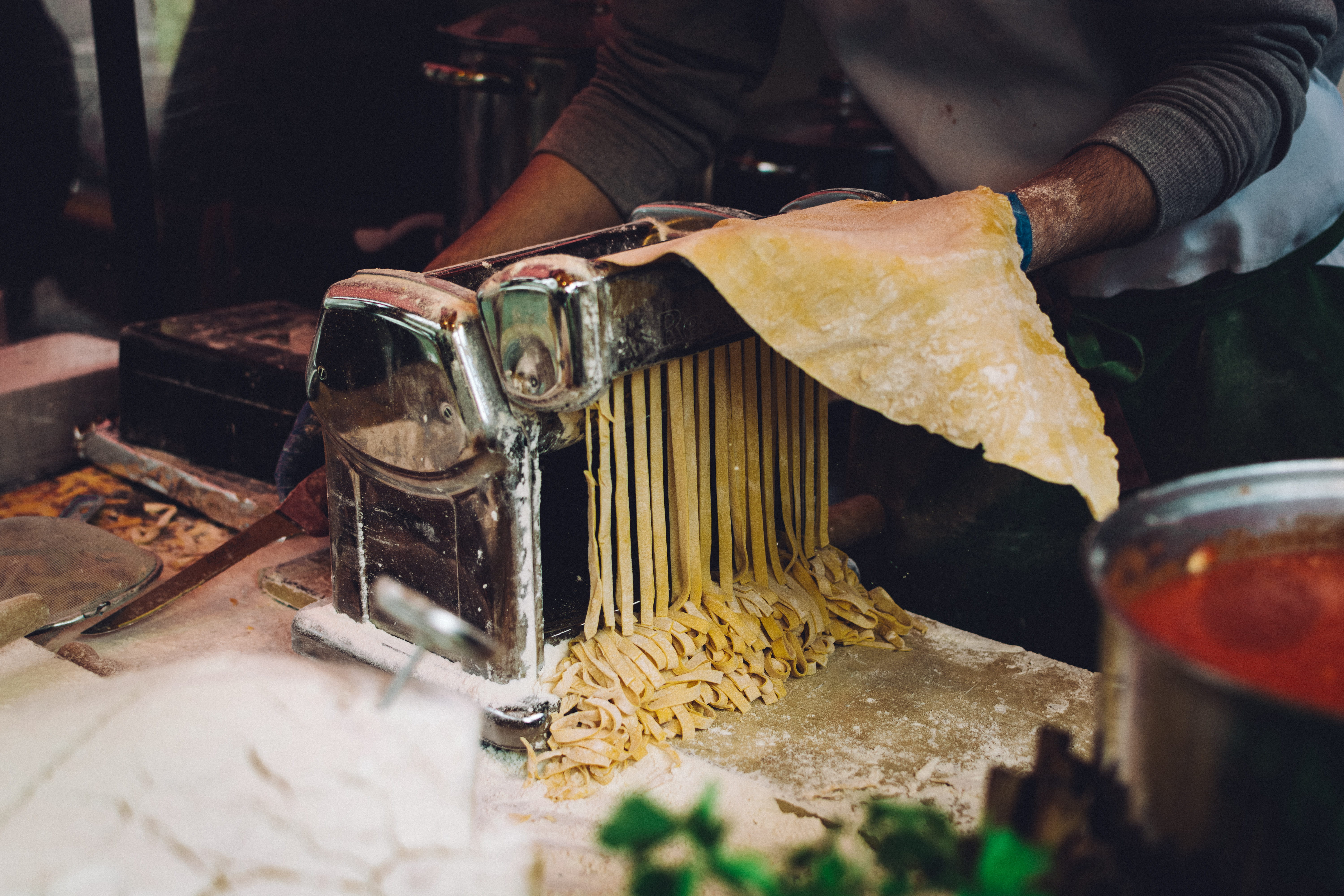 Making fresh homemade pasta, cooking, hands, process, spaghetti