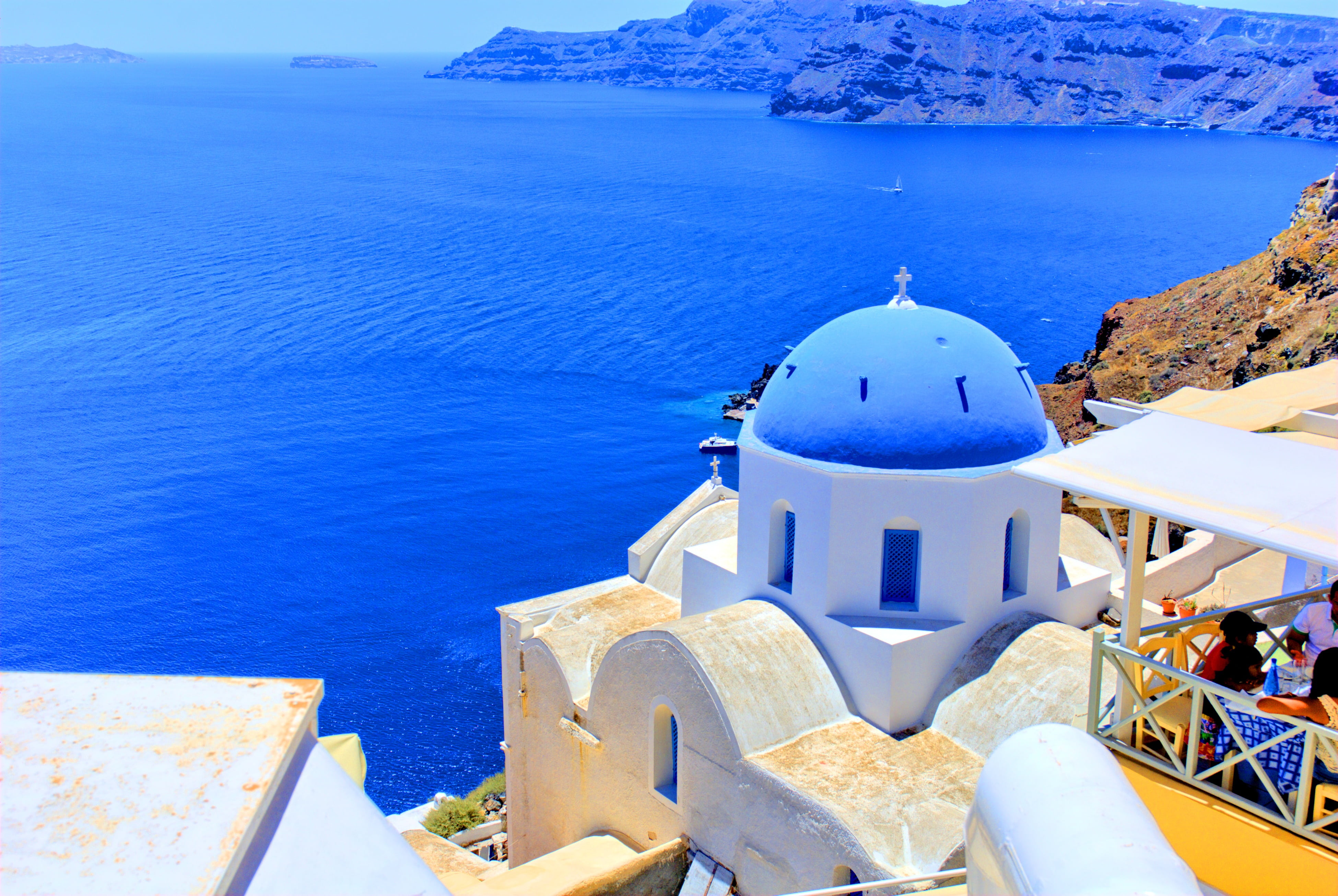 white and blue temple, greece, santorini, the sun, holidays, clouds