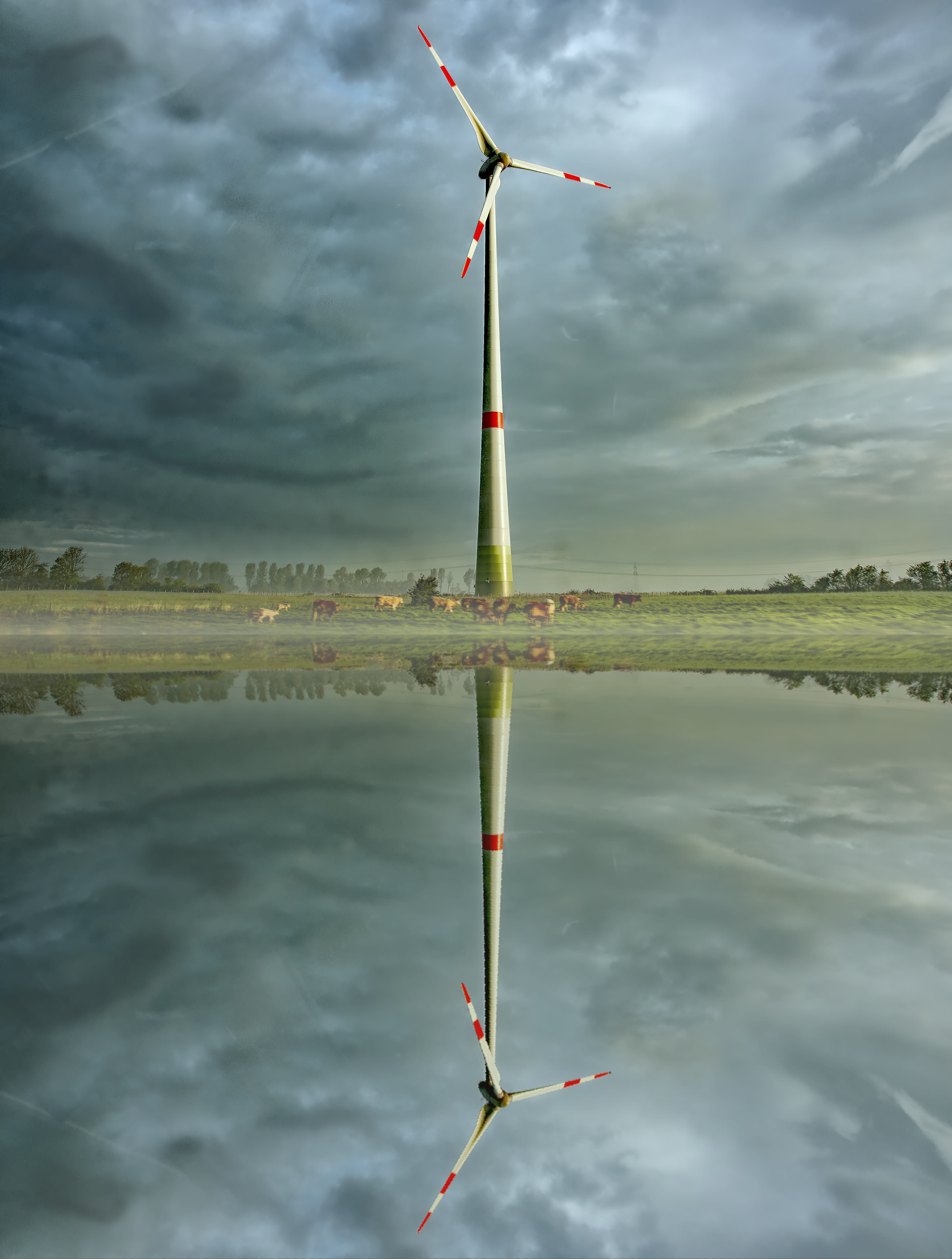 Mirror, Water, Reflection, cloud - sky, wind power, wind turbine