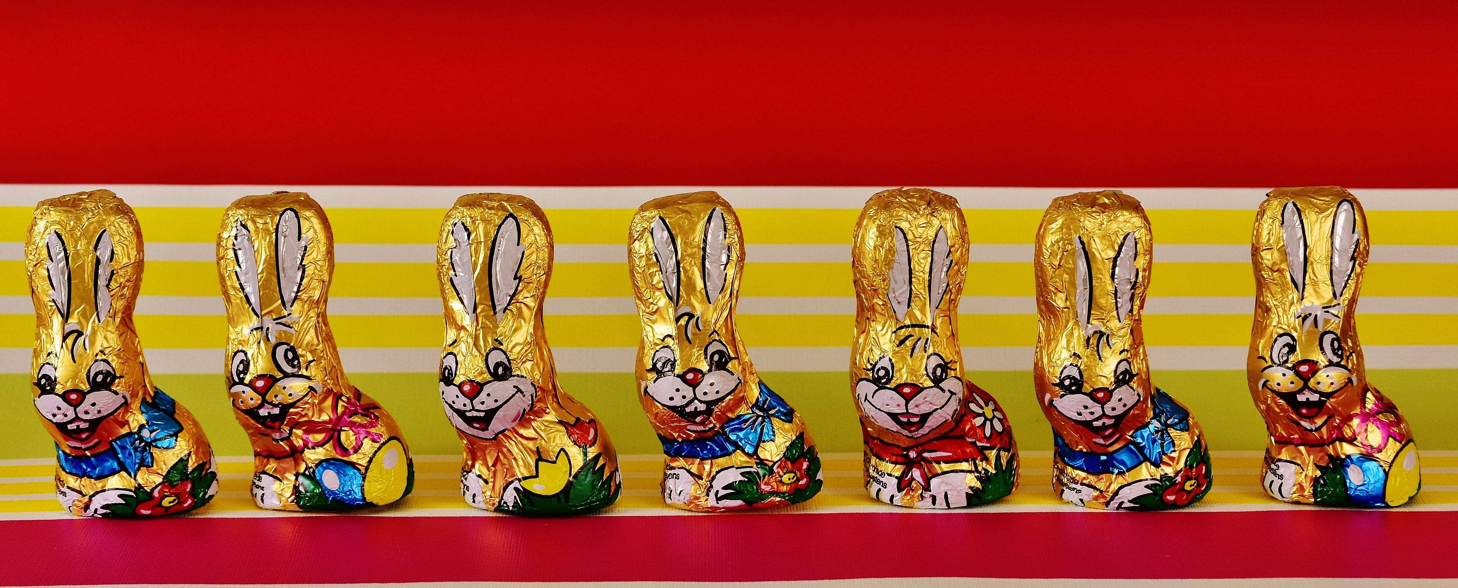 multicolored decorative rabbit figurines, chocolate bunnies, easter