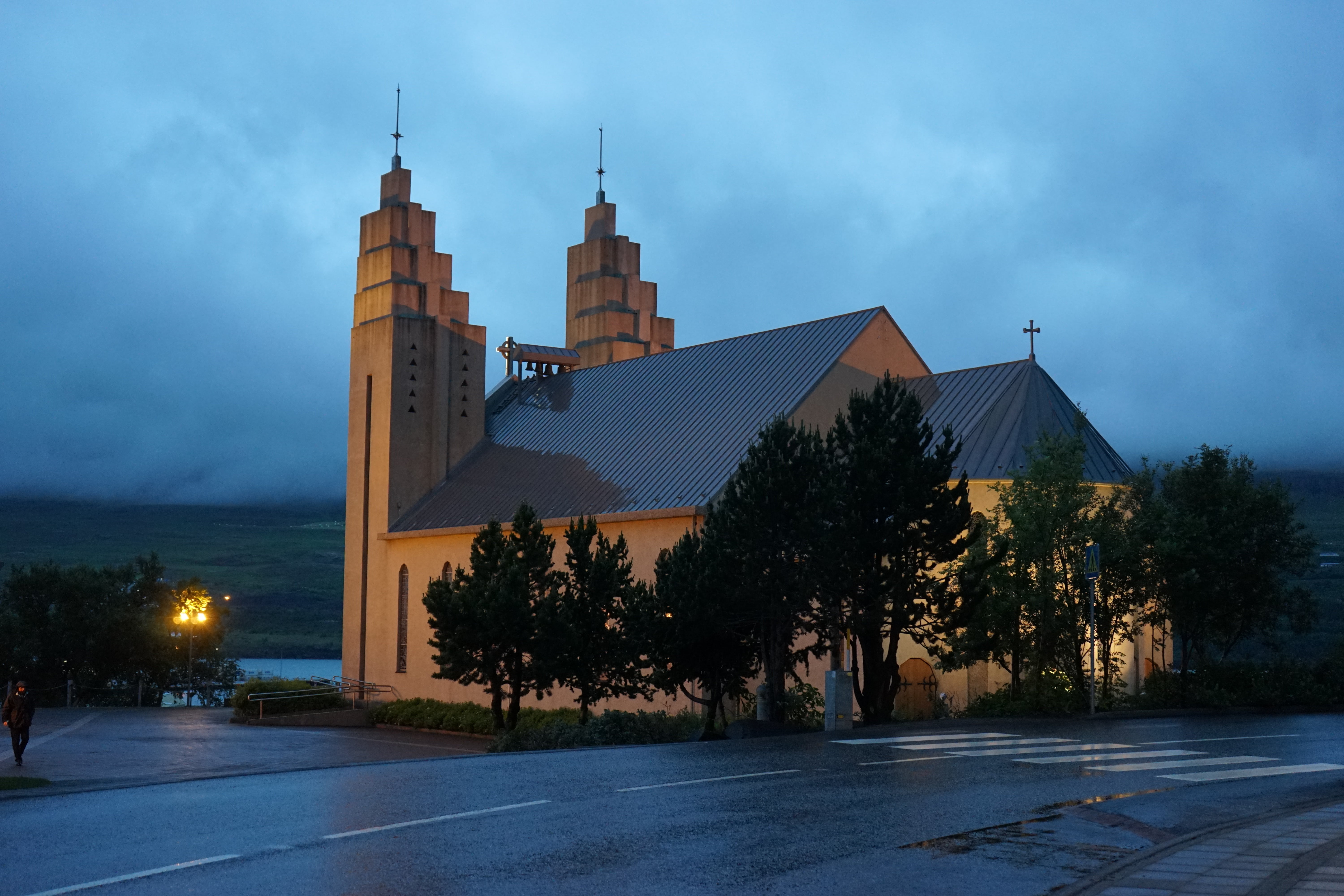 akureyri, church, iceland, abendstimmung, illuminated, architecture