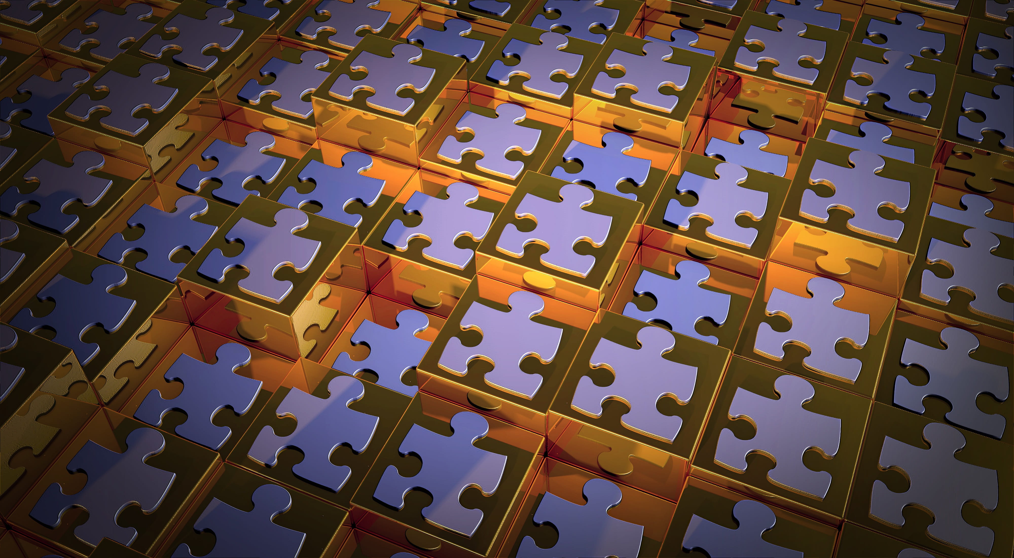 purple jigsaw puzzle pice, cubes, geometry, abstract, glow, objects