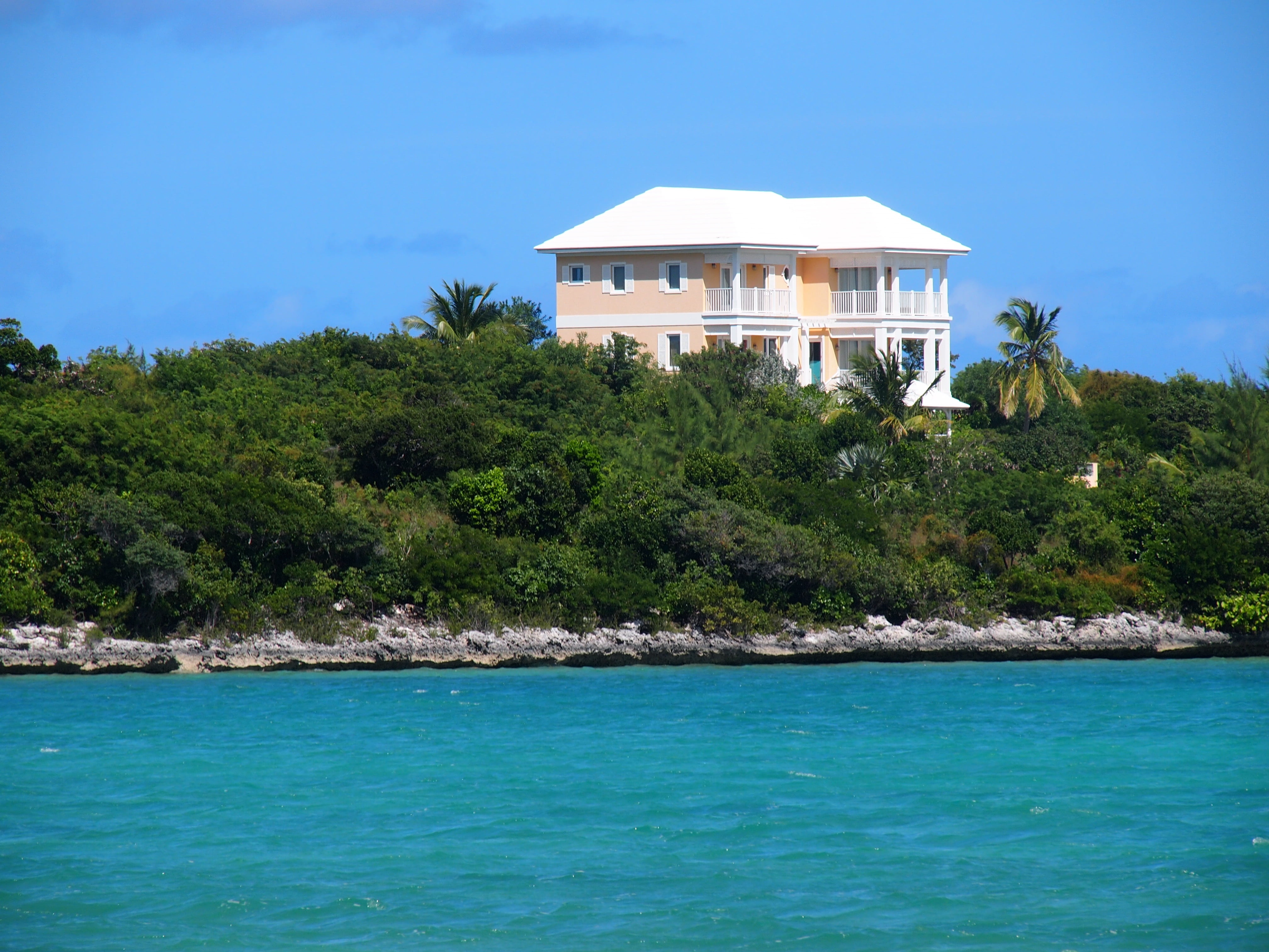 bahamas, house, coast, sea, vacation, exuma, ocean, water, tree