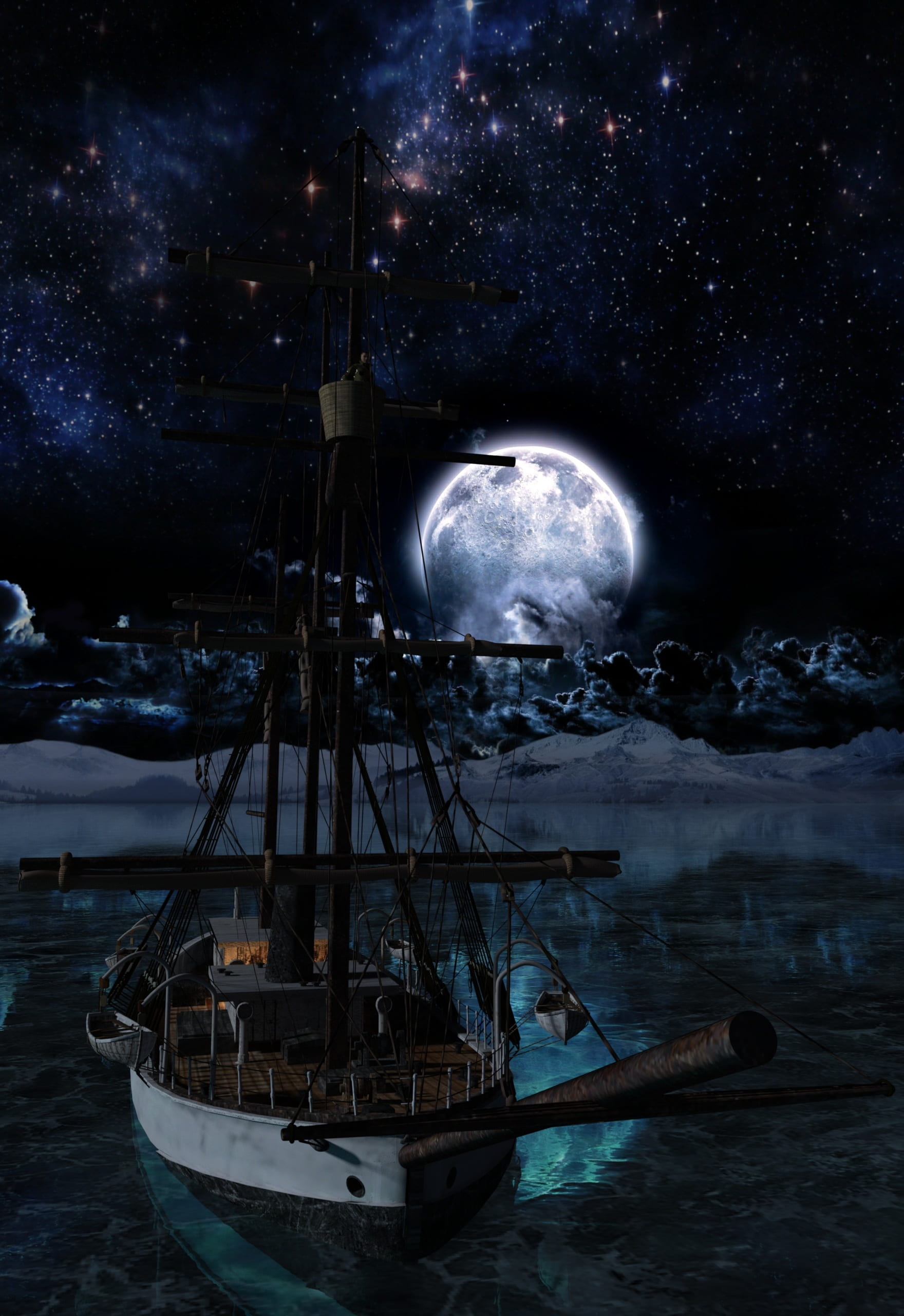 night, full moon, ship, lake, ocean, arctic, lookout, mystical