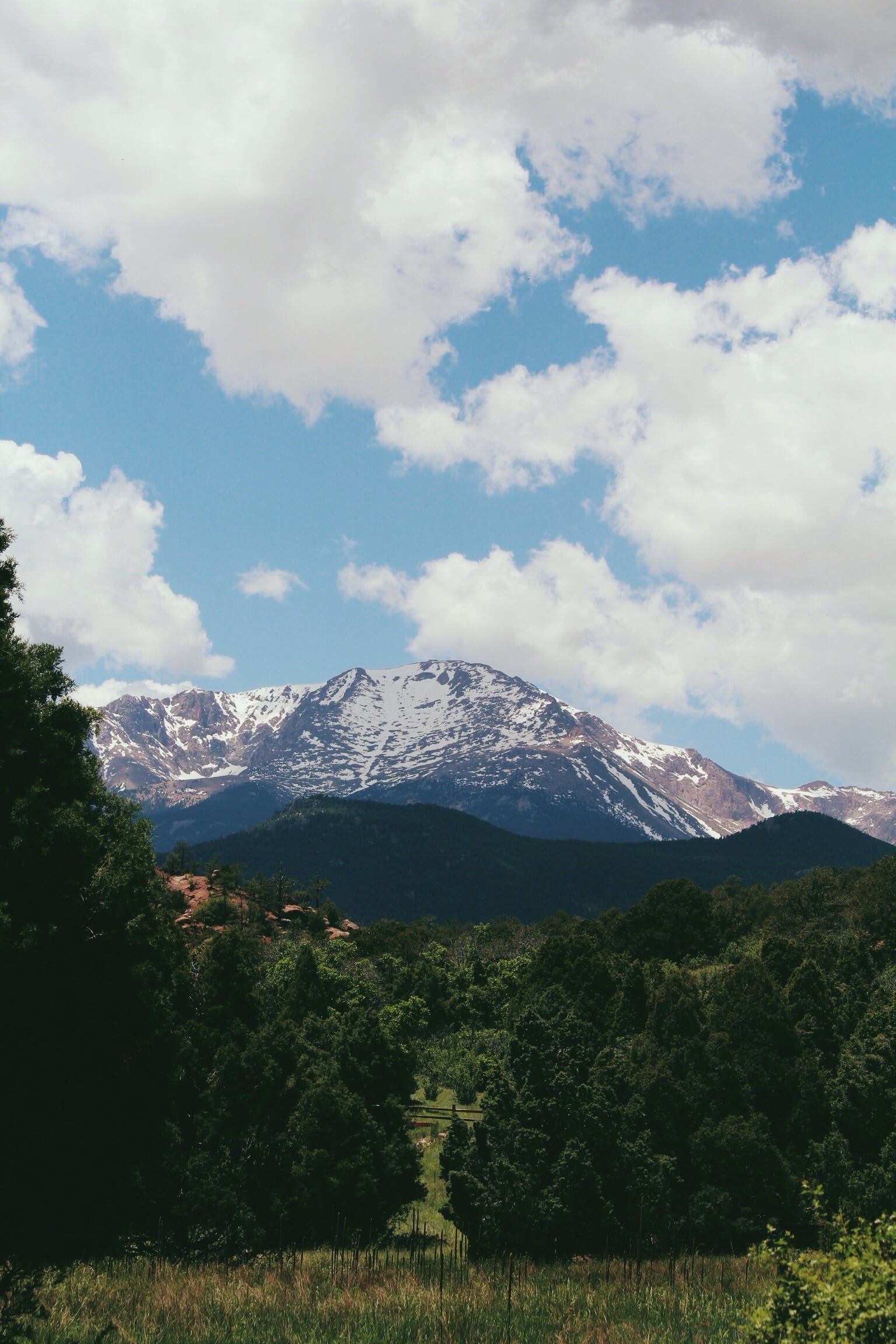 mountain, sky, clouds, peak, summit, cloudy, trees, forest