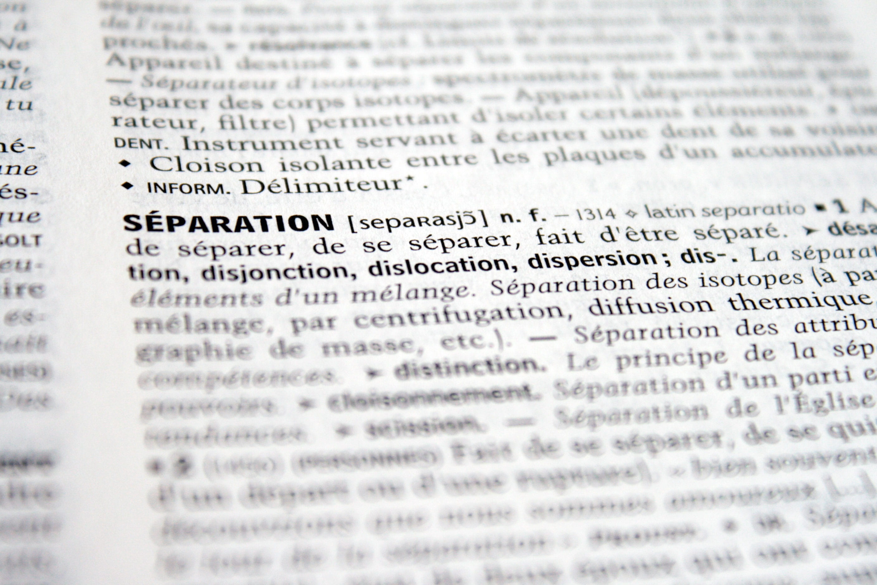 separation, break, disunity, dictionary, definition, text, selective focus