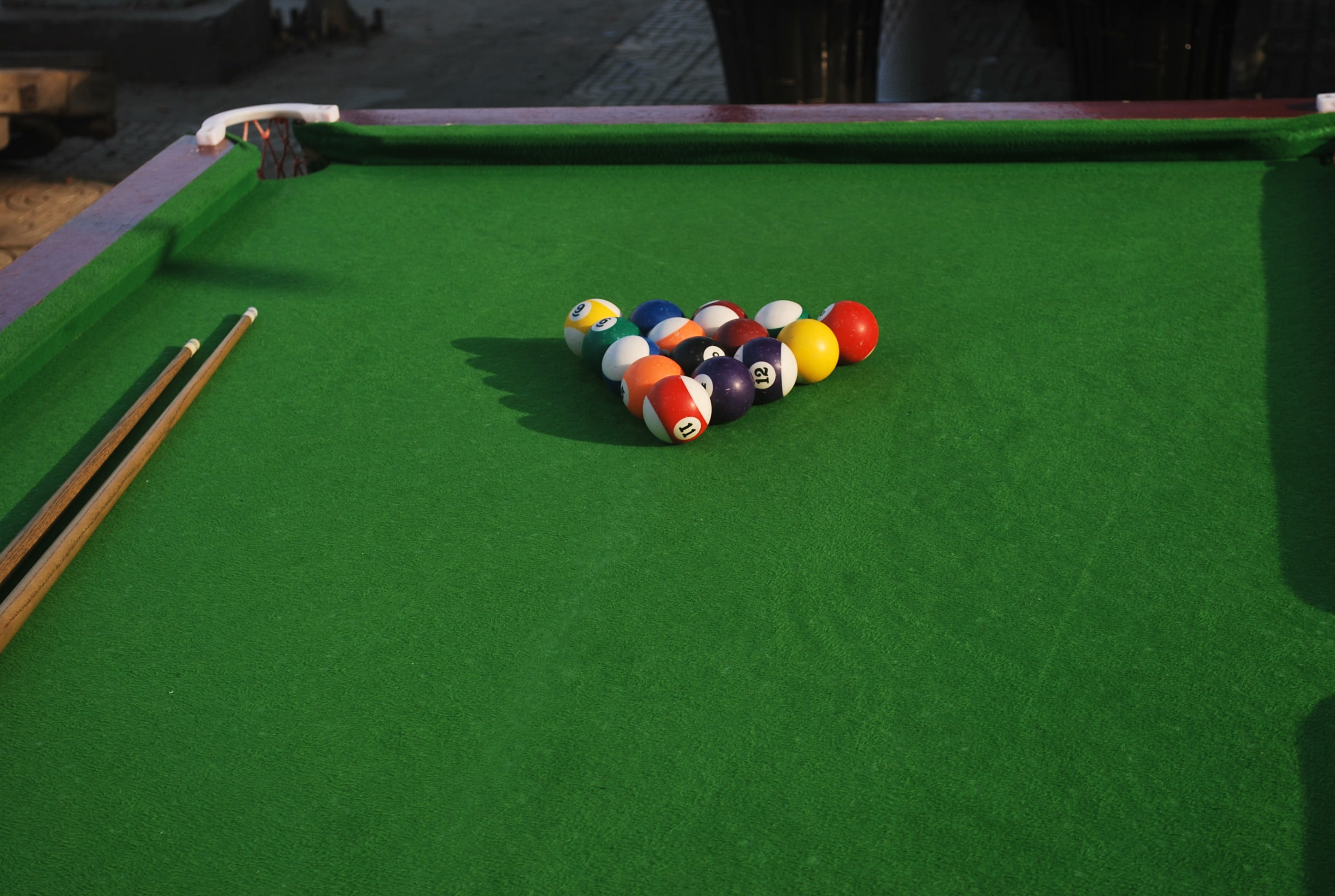 pool table with balls and cue sticks, Pool, Table, Billiards