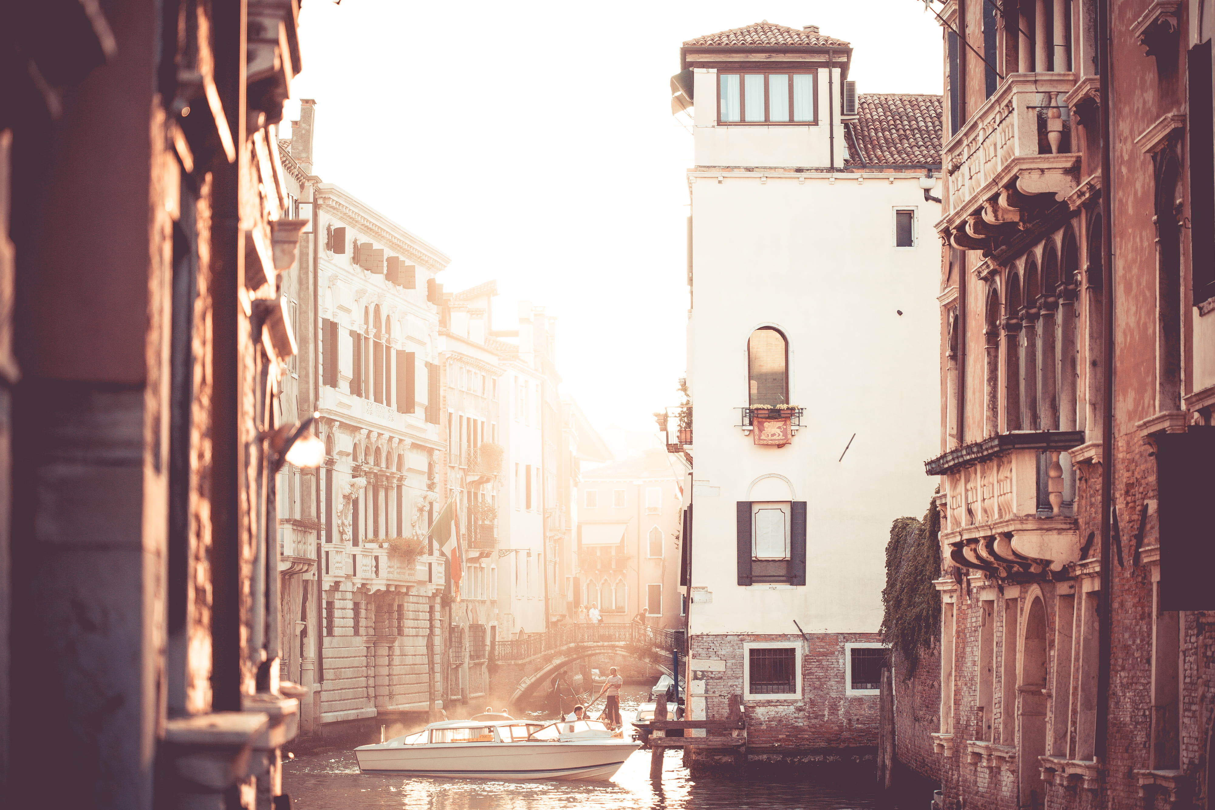 Street Canal Sunset in Venice, Italy, architecture, boats, europe