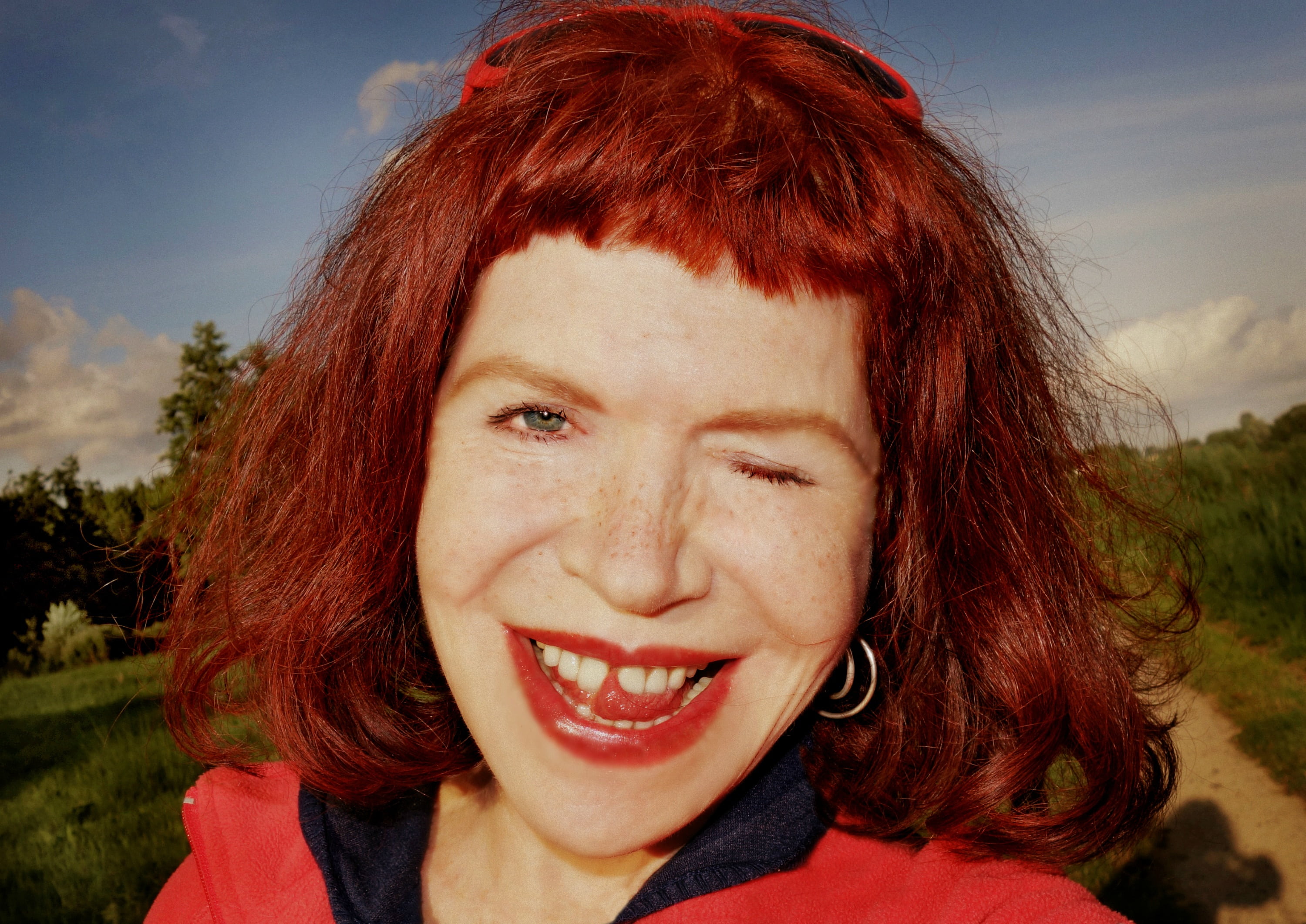 women's red and black top, portrait, face, woman, caucasian, smile