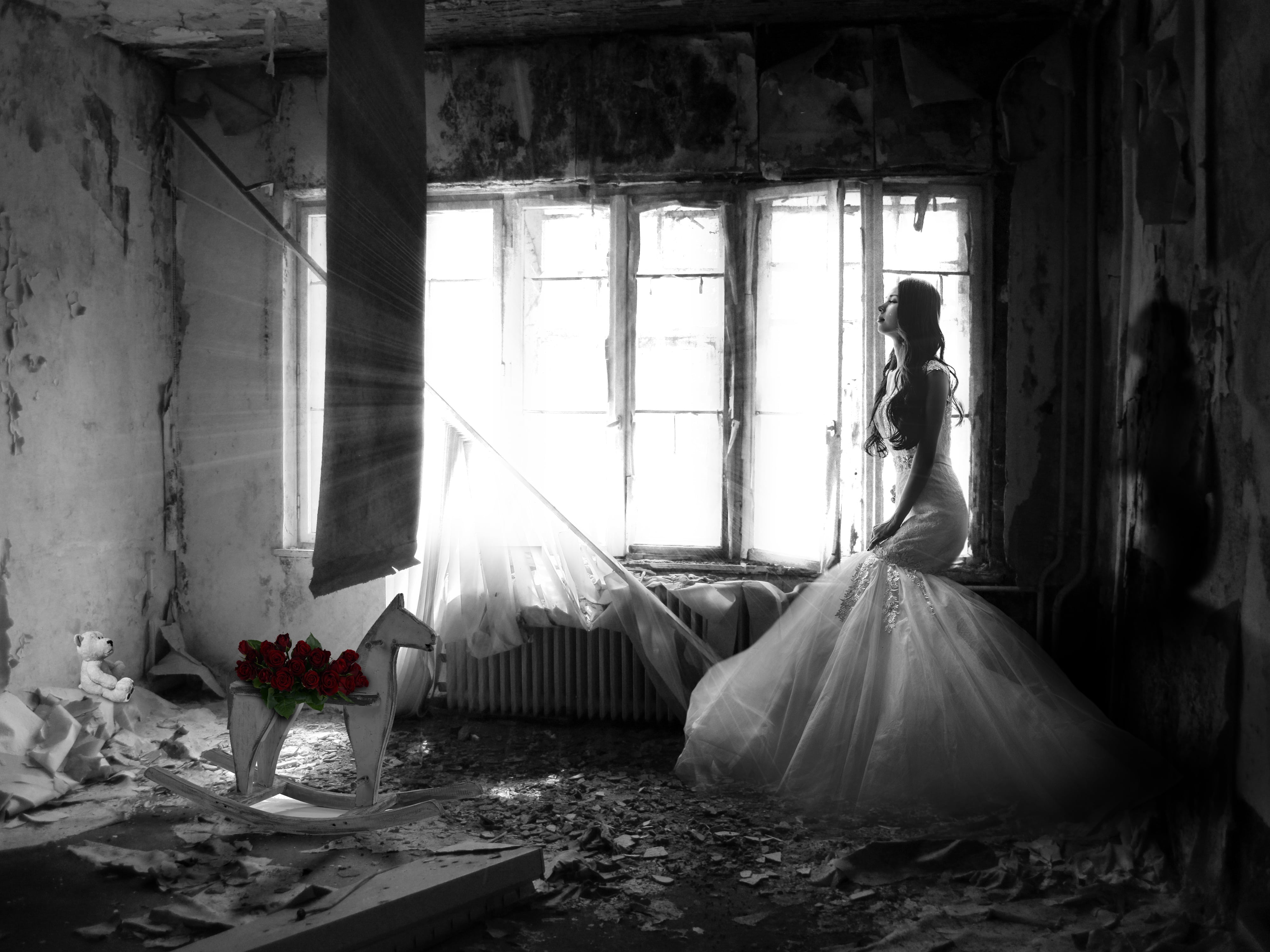 woman in white dress inside dark messy room, sad, wedding, sadness