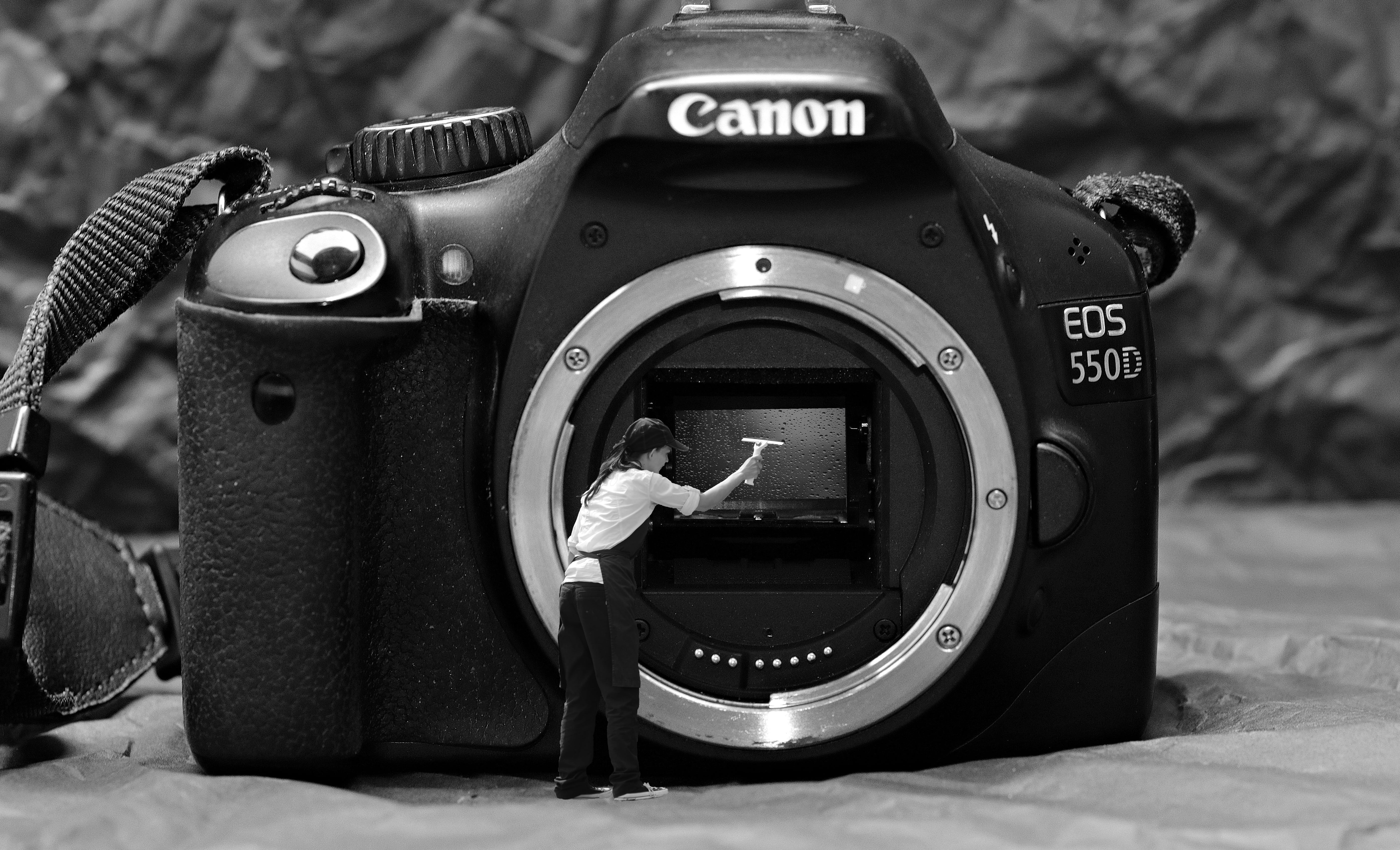 grayscale photography of Canon EOS 550D camera, frühjahrsputz