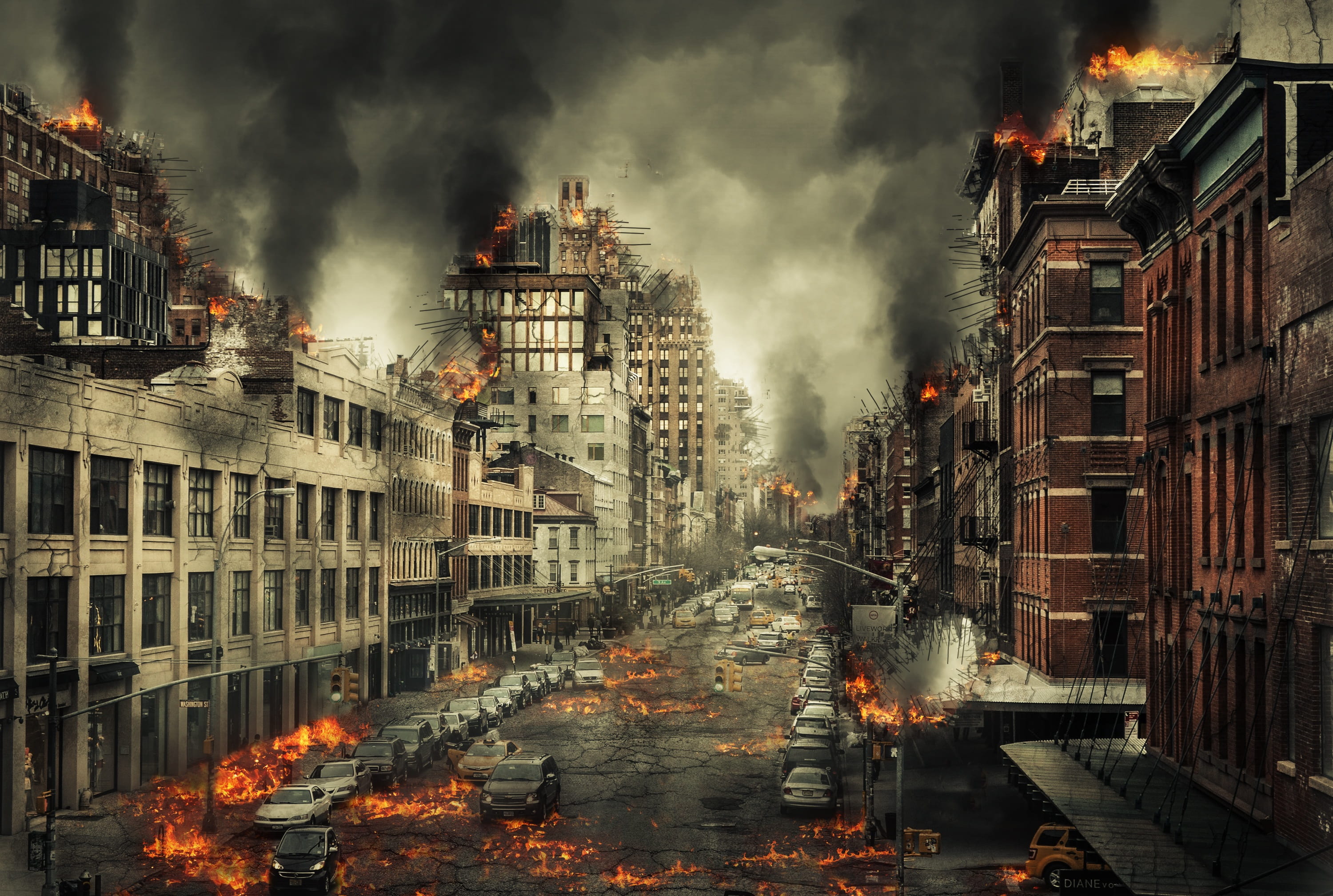 burning city with with dark smoke illustration, disaster, end of the world