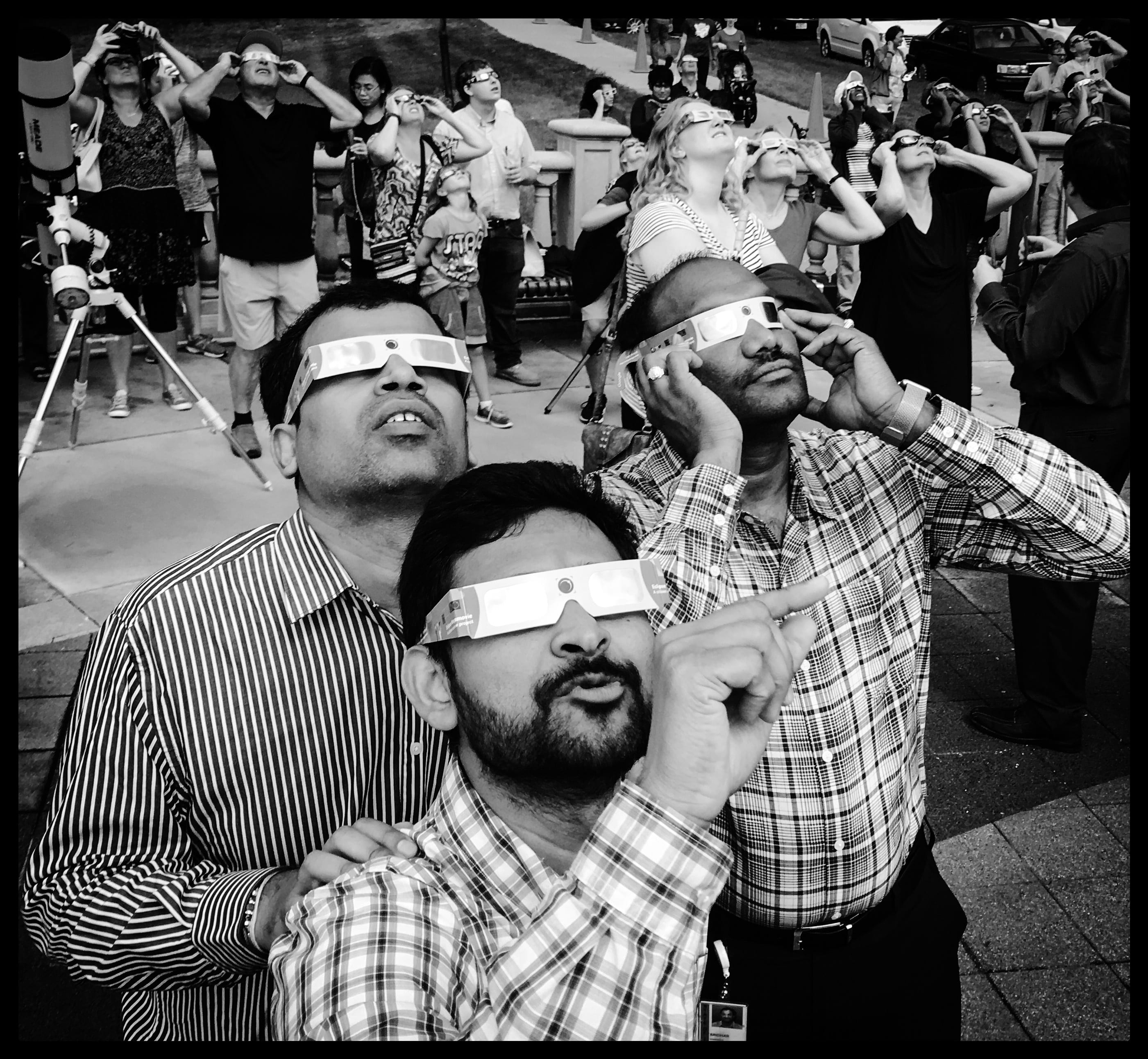 eclipse, solar eclipse, glasses, expression, looking up, sky