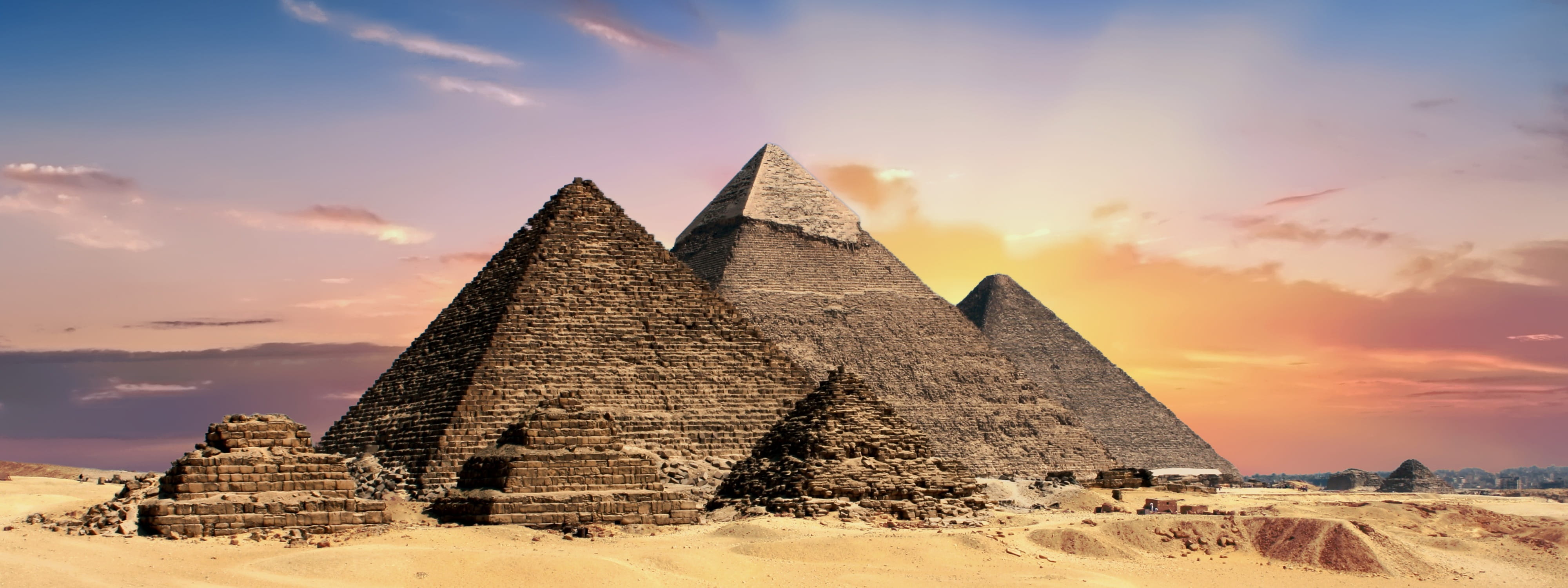 Pyramid under gray and orange clouds, photo, pyramids, egypt