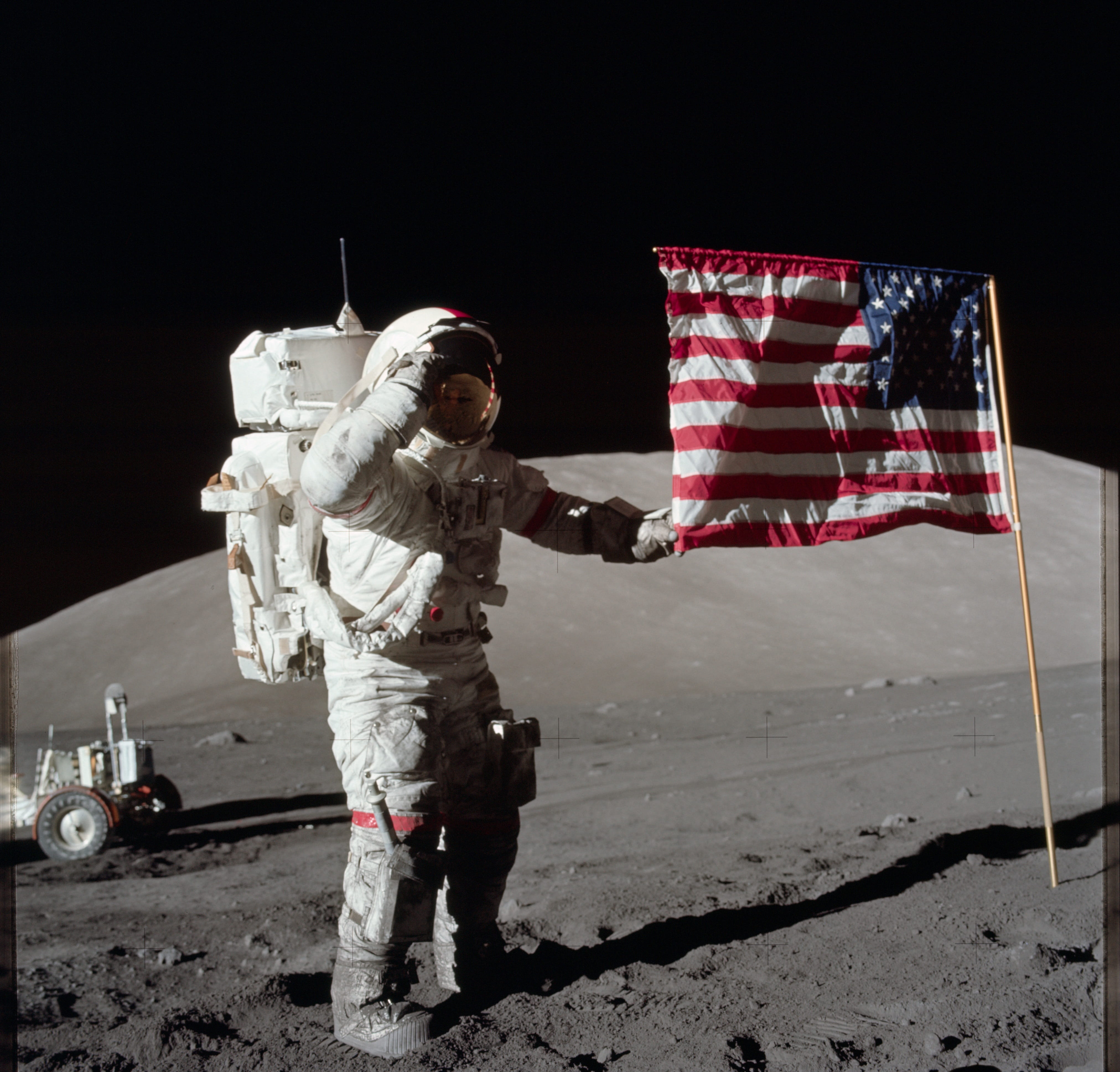 astronaut holding flag of U.S.A., Moon, Usa, eugene cernan, apollo 17