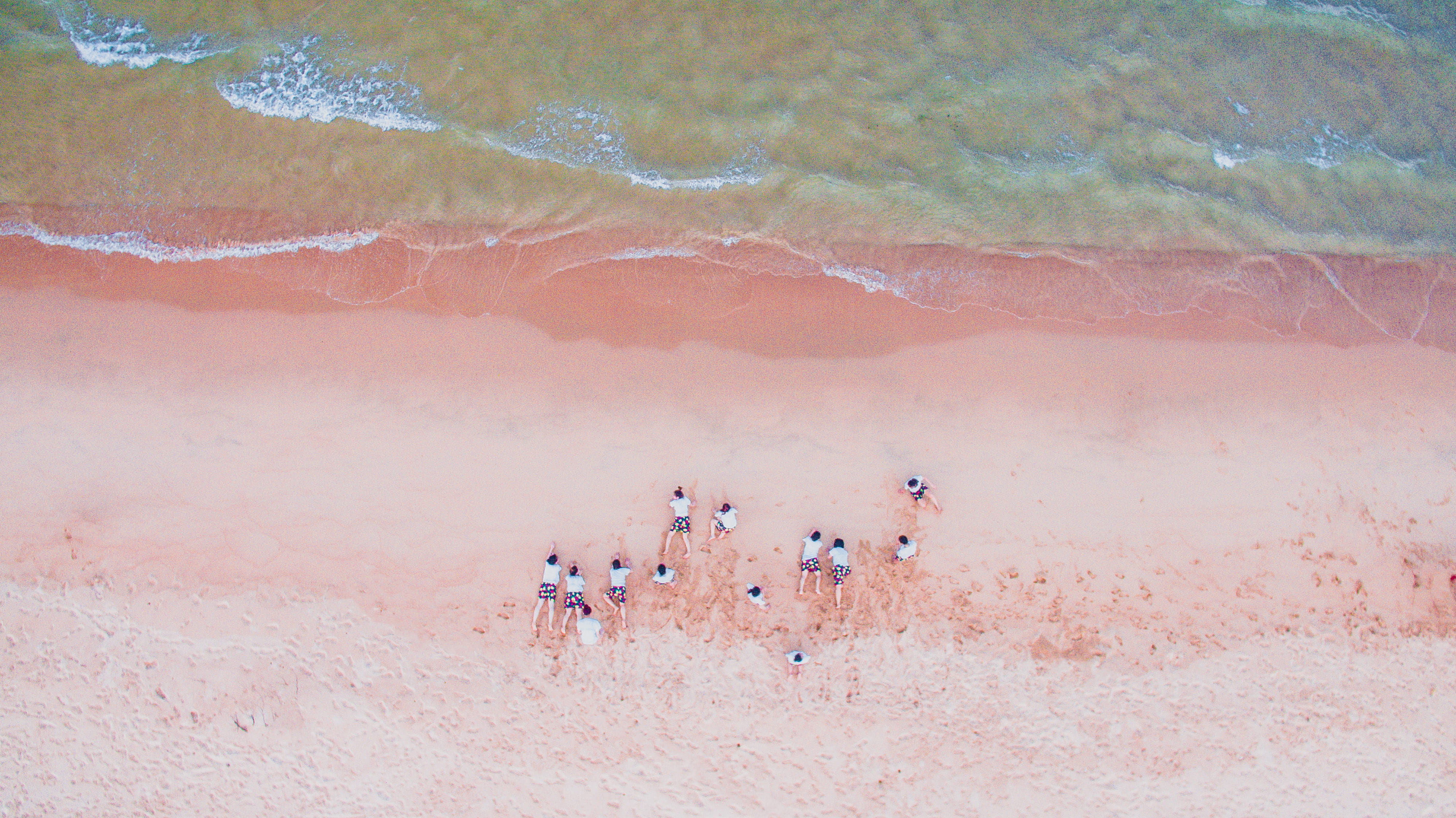 aerial photography of people lying on seashore during daytime, aerial photography of people laying on sand near body of water