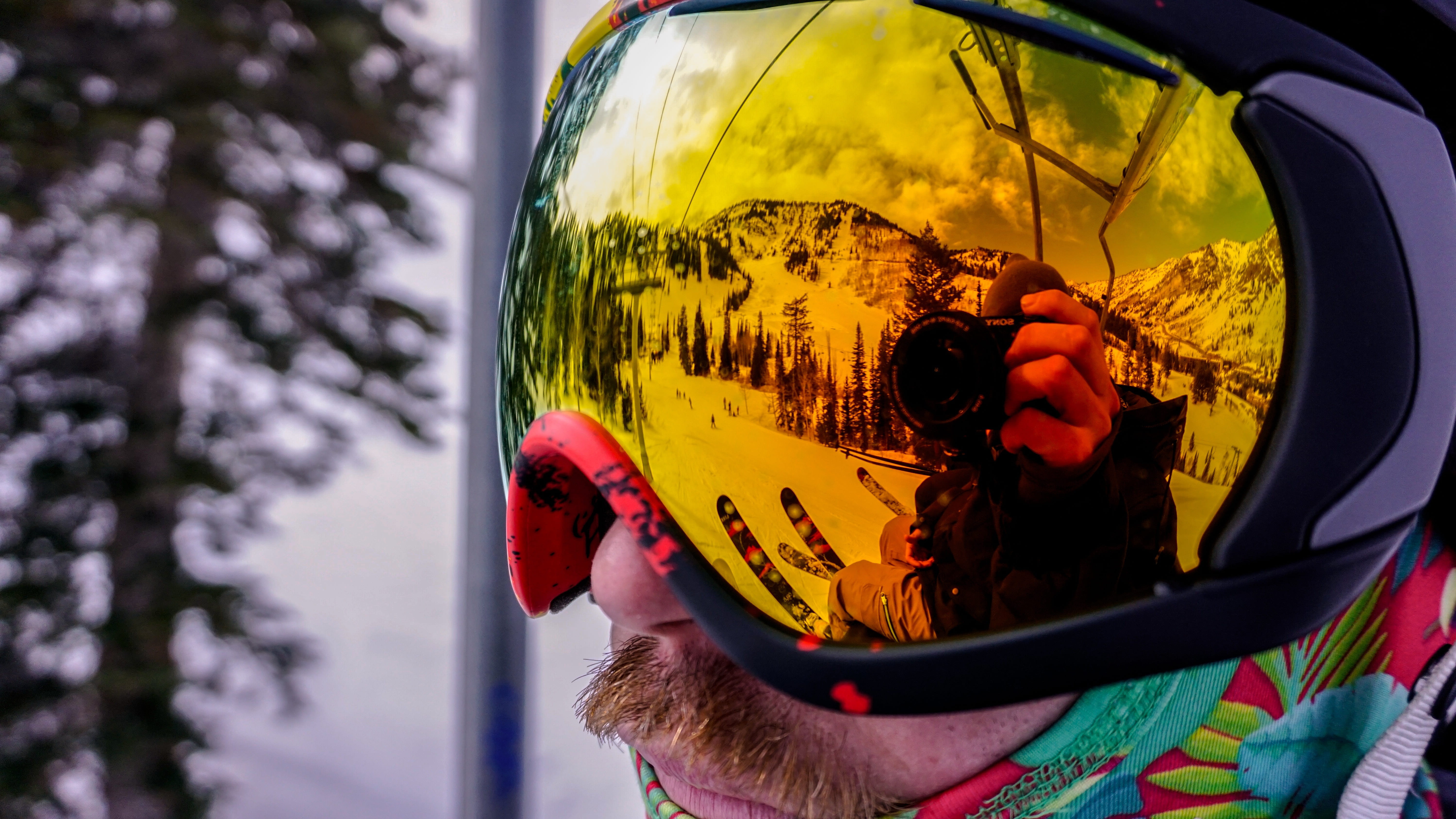 head, face, mask, reflection, camera, mountain, photography