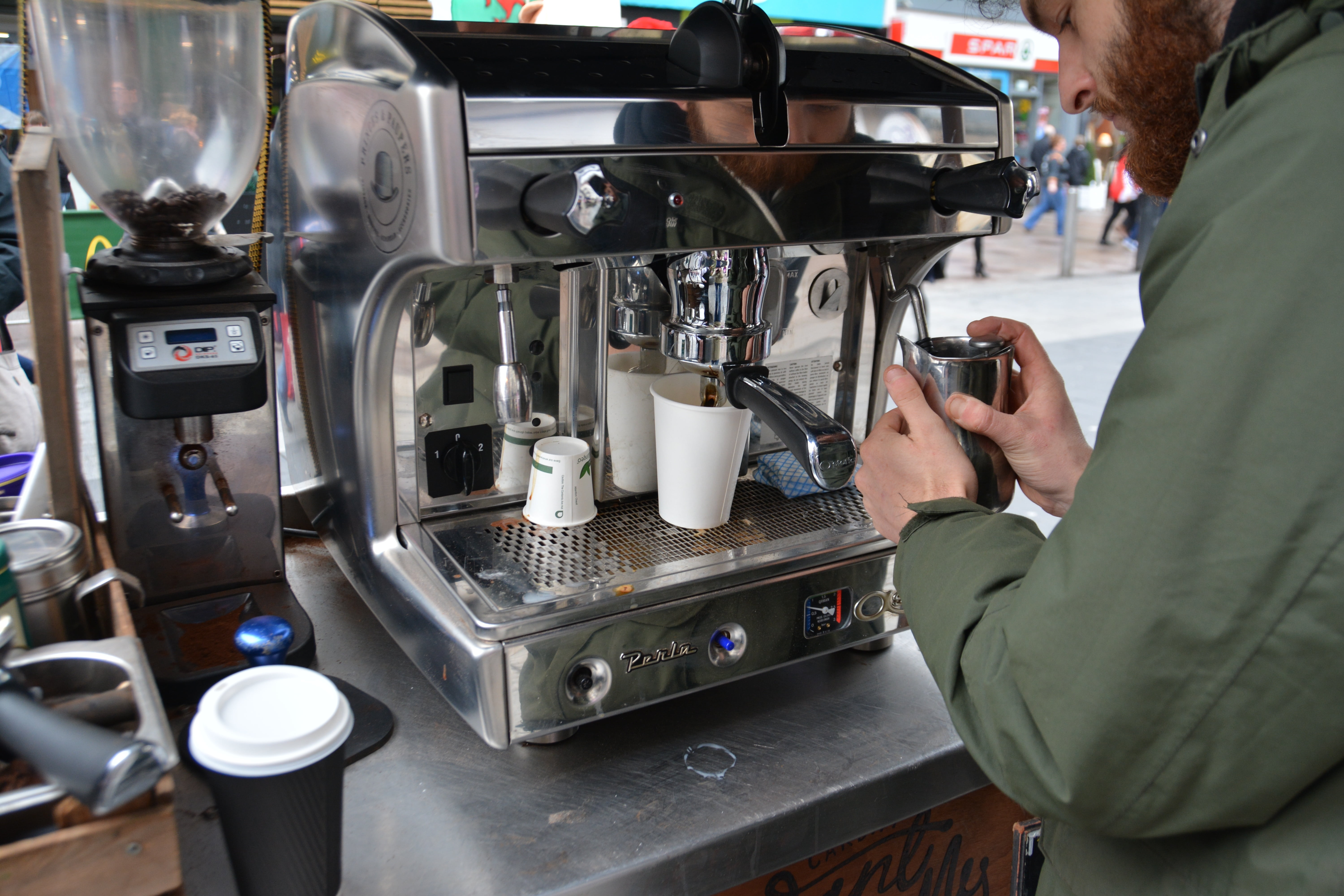 person using espresso maker, coffee, coffee shop, cafe, business