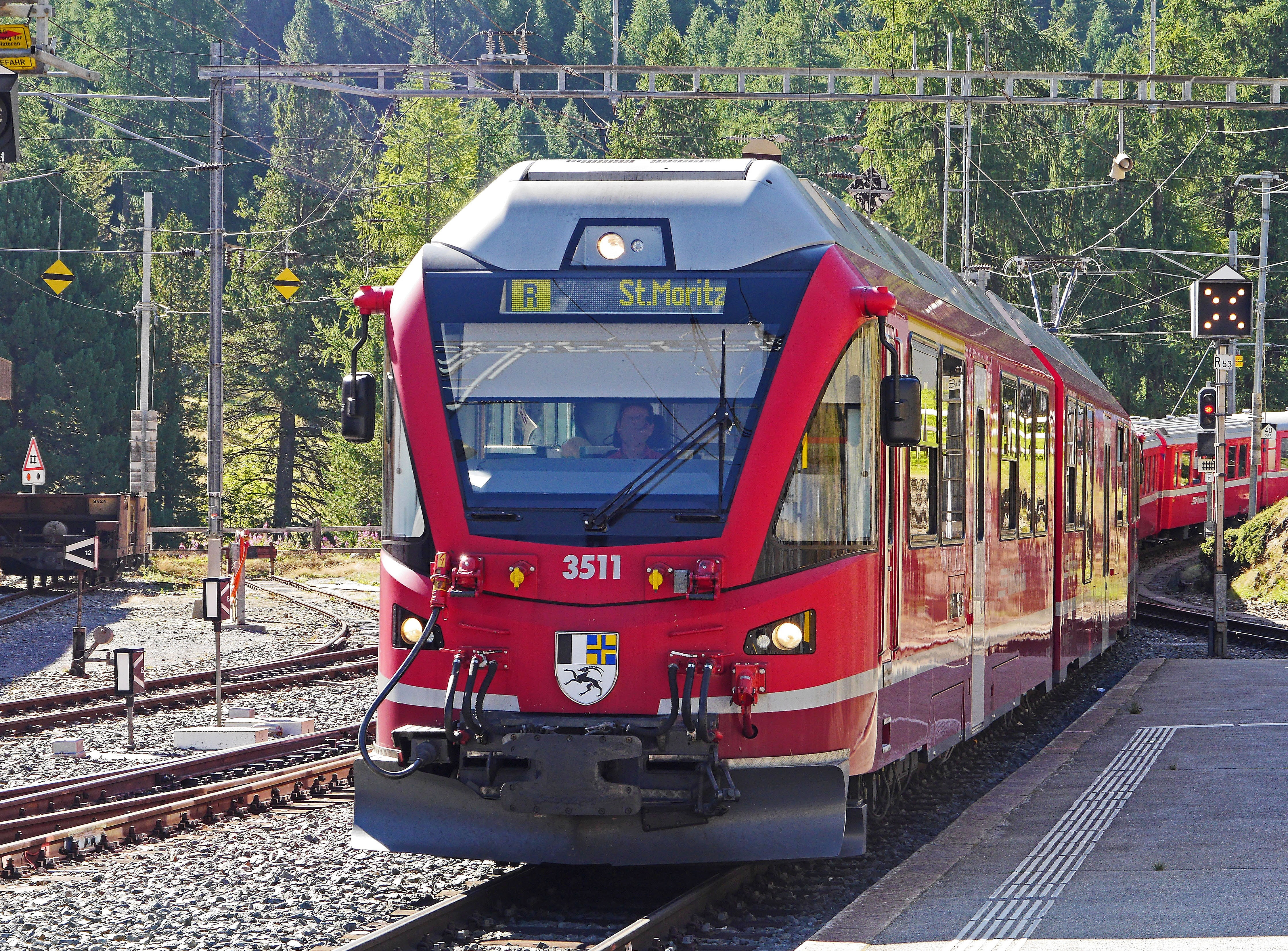 red and gray train, bernina railway, pontresina, railway station
