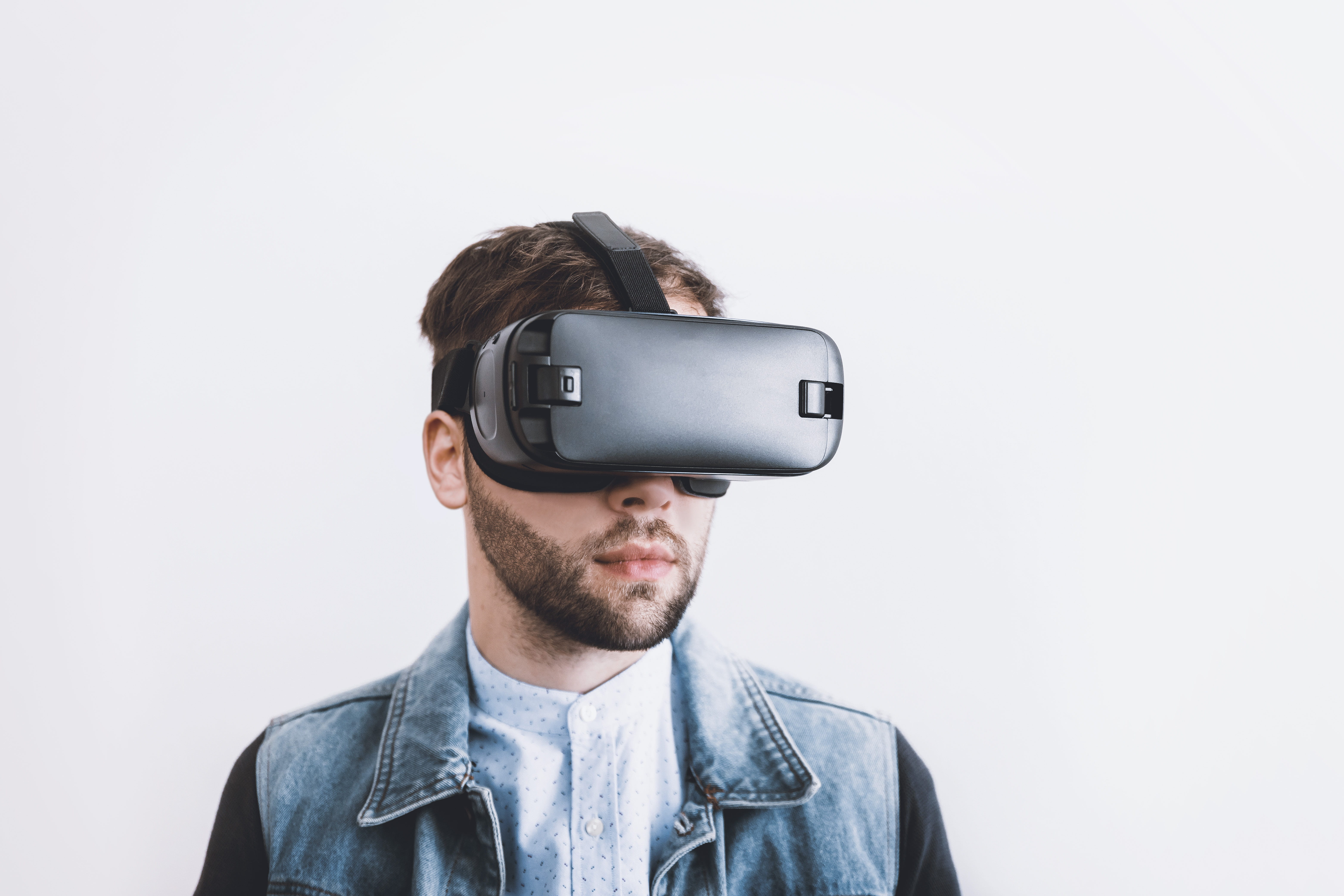 man wearing black VR Box headset, virtual, virtual reality, technology