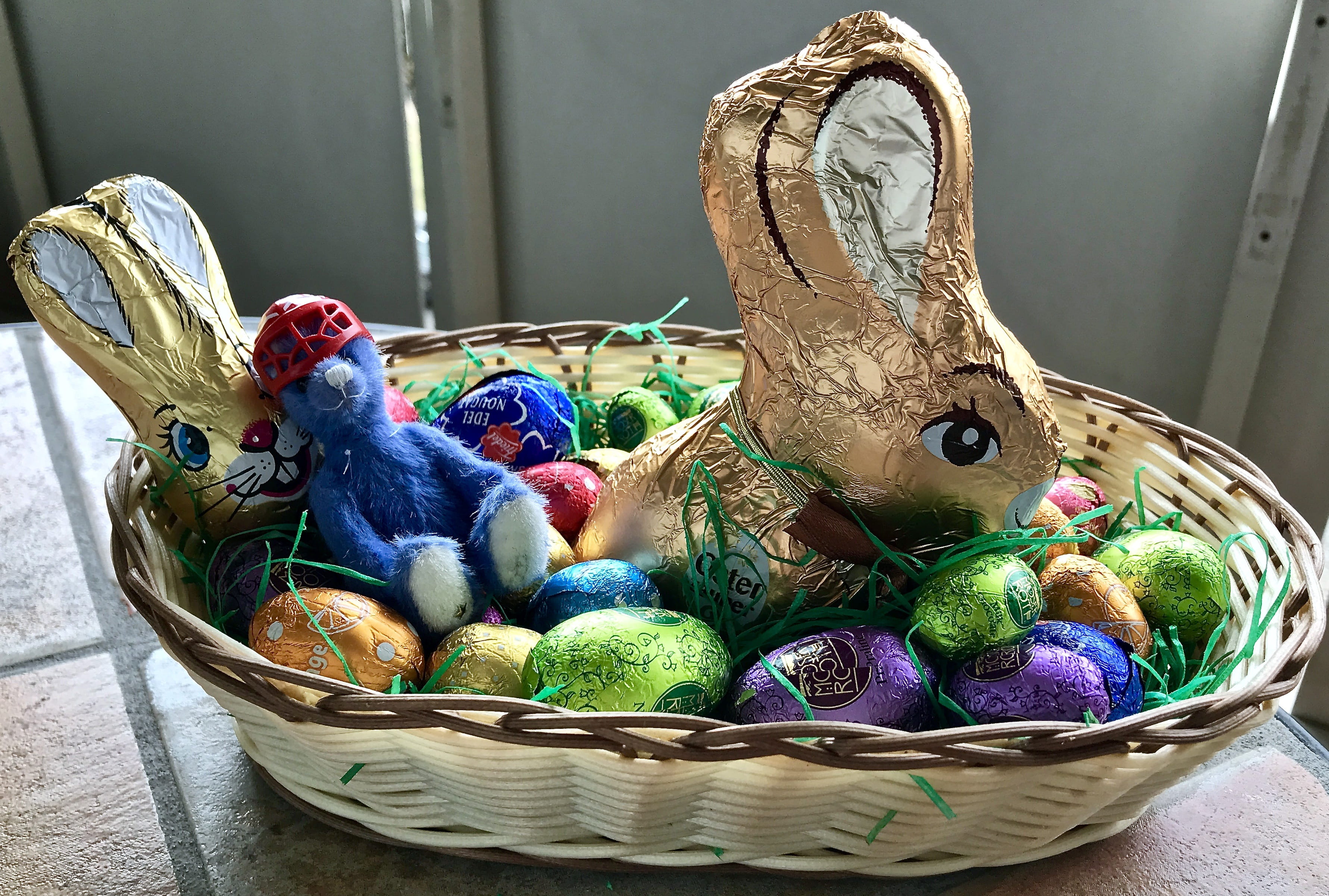 easter, basket, hare, rabbit, container, easter egg, multi colored