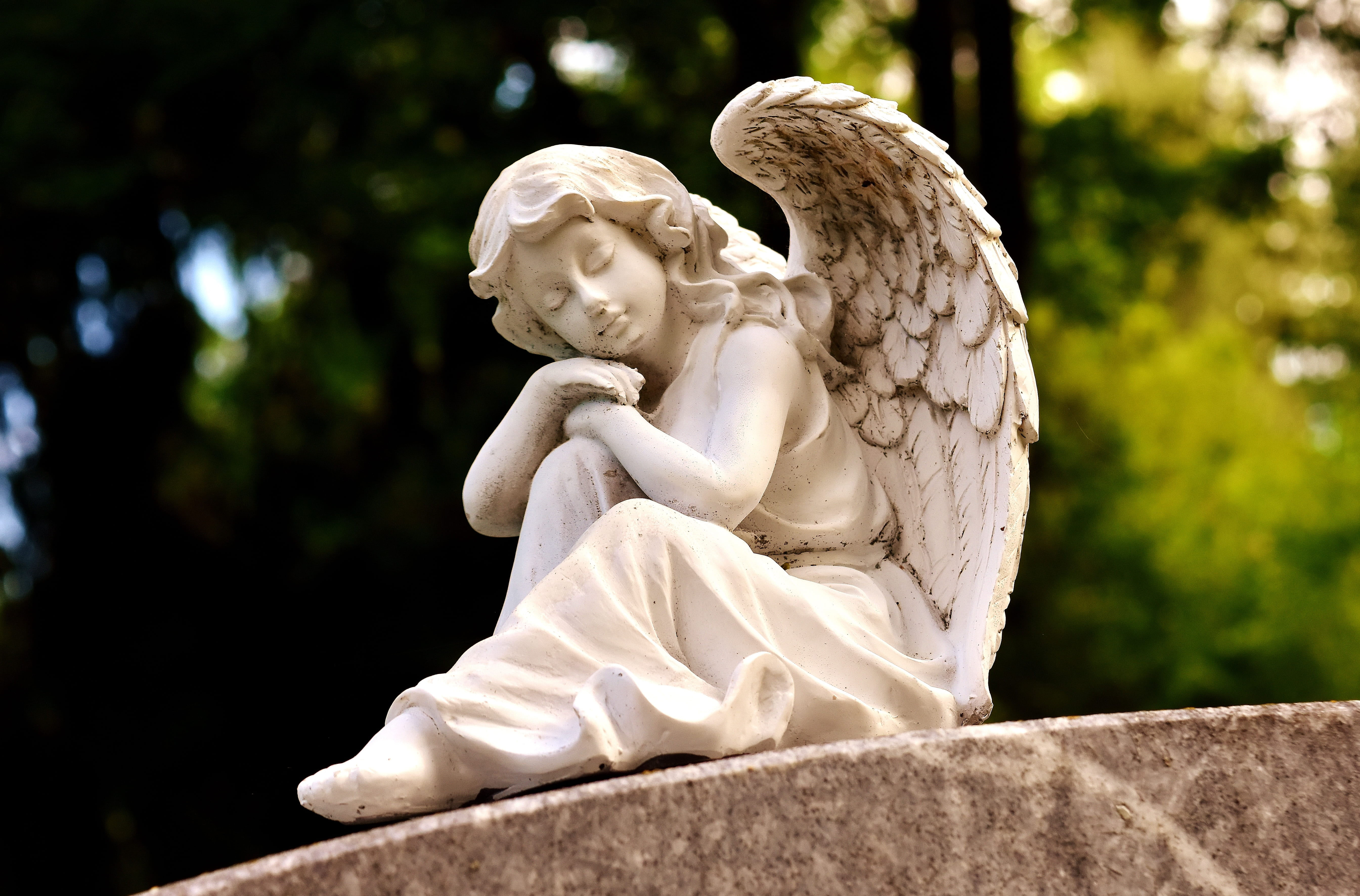 female angel sleeping statue, sculpture, white, figure, cemetery