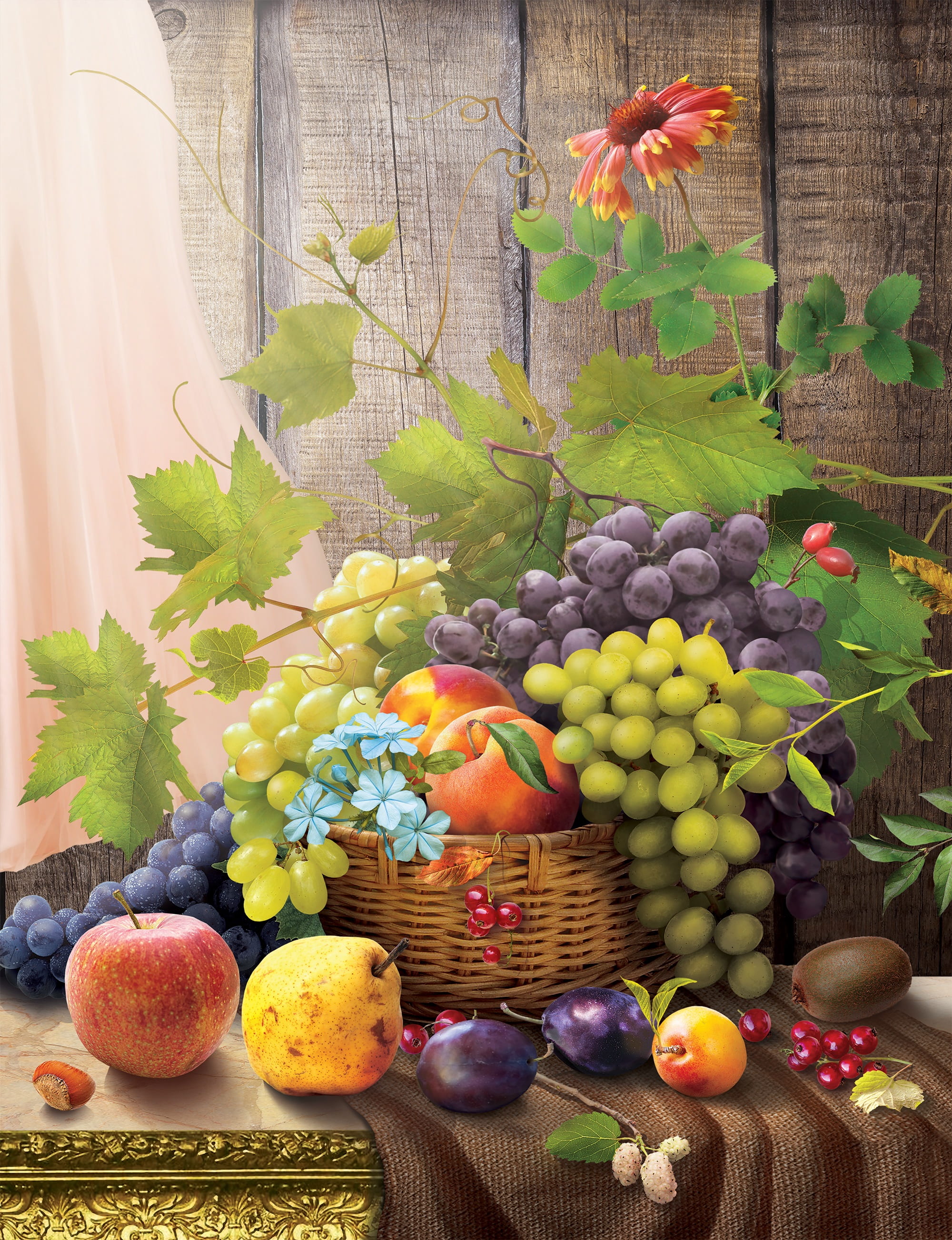 variety of fruit painting, basket, food, vine, a bunch of still life