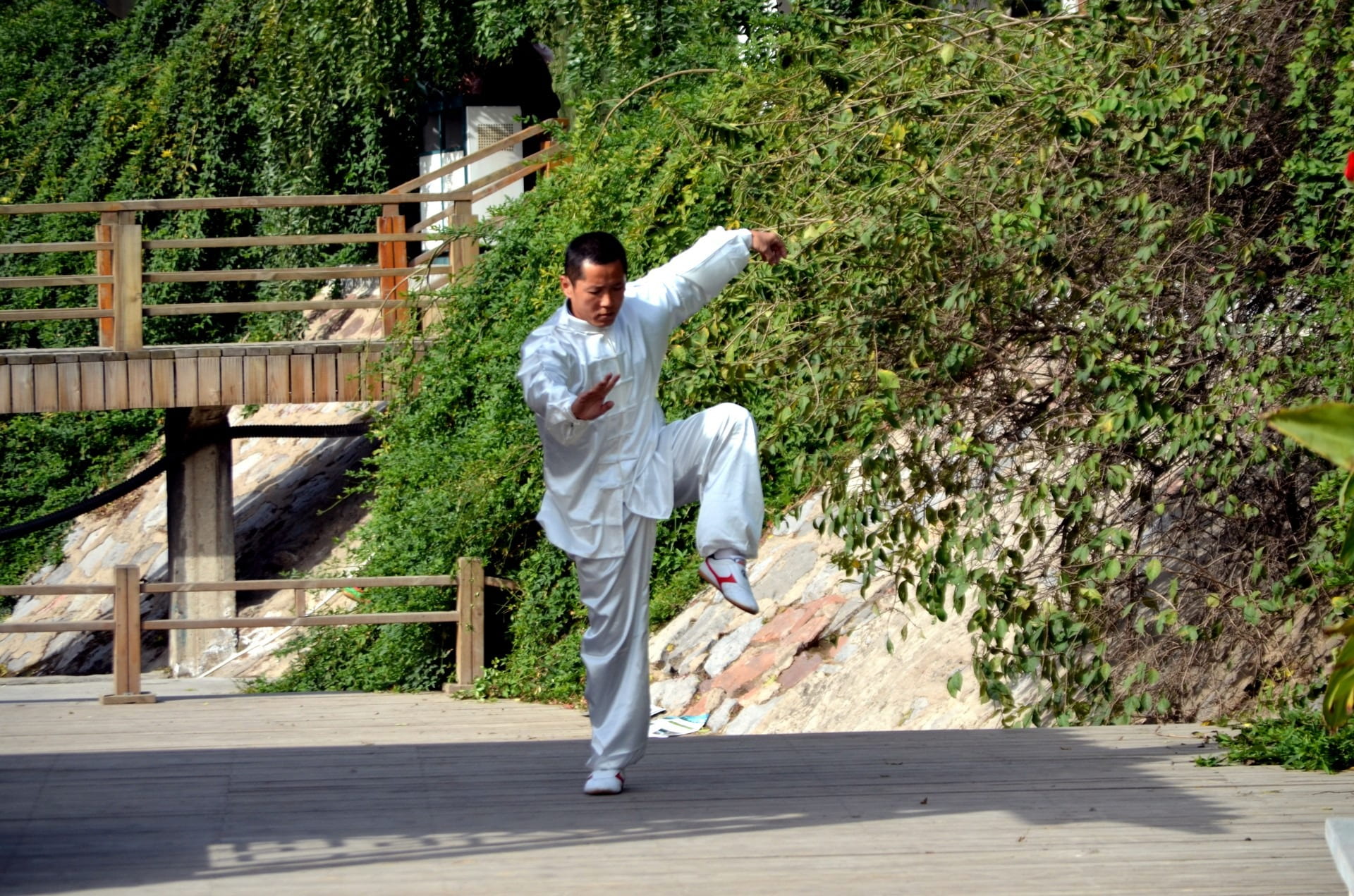 man wearing white suit doing karate, people, china, kung fu, gung fu