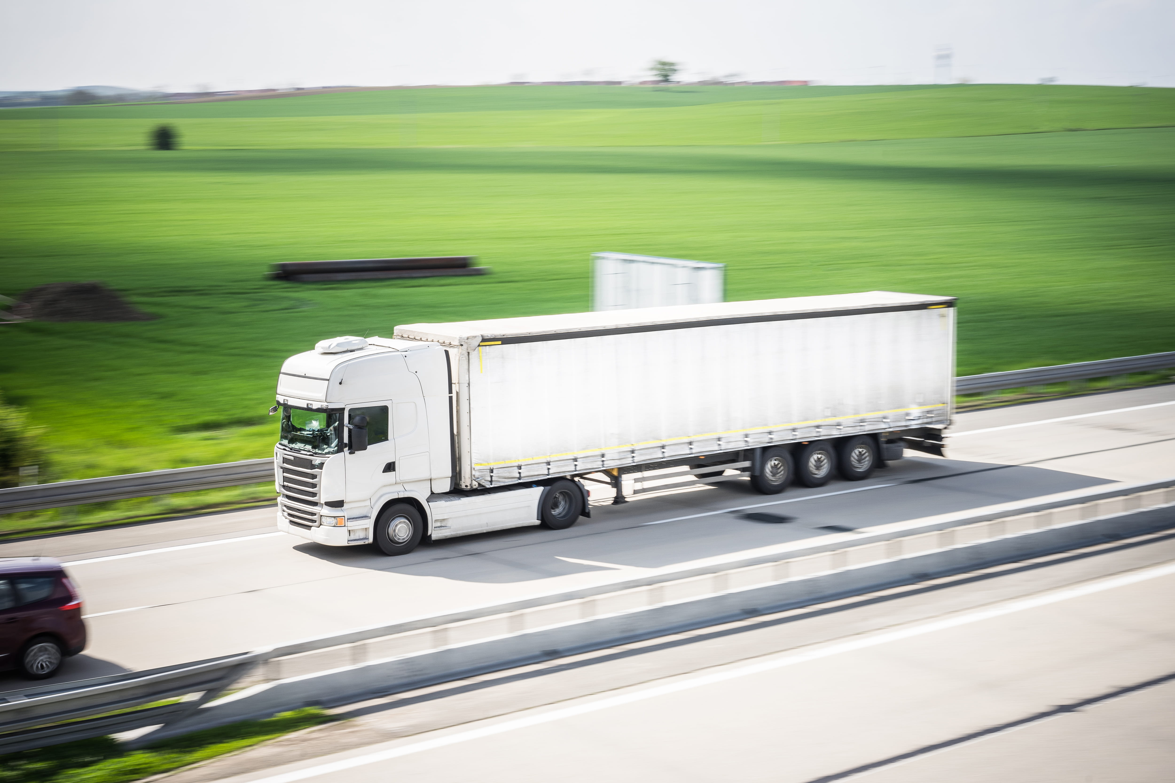 White TIR Truck in Motion Driving on Highway, business, cargo